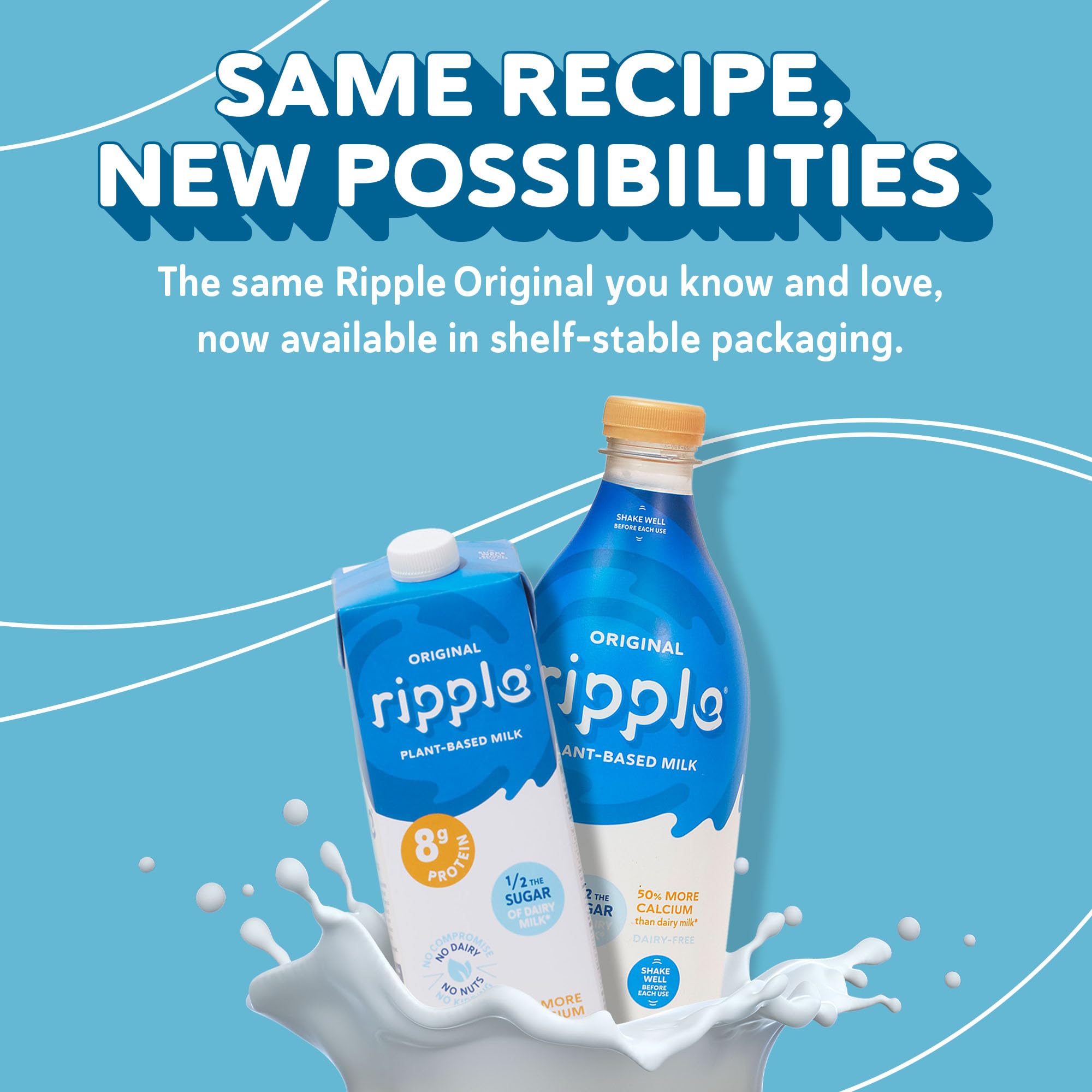 Ripple cartons stacked in pantry showing shelf-stable convenience
