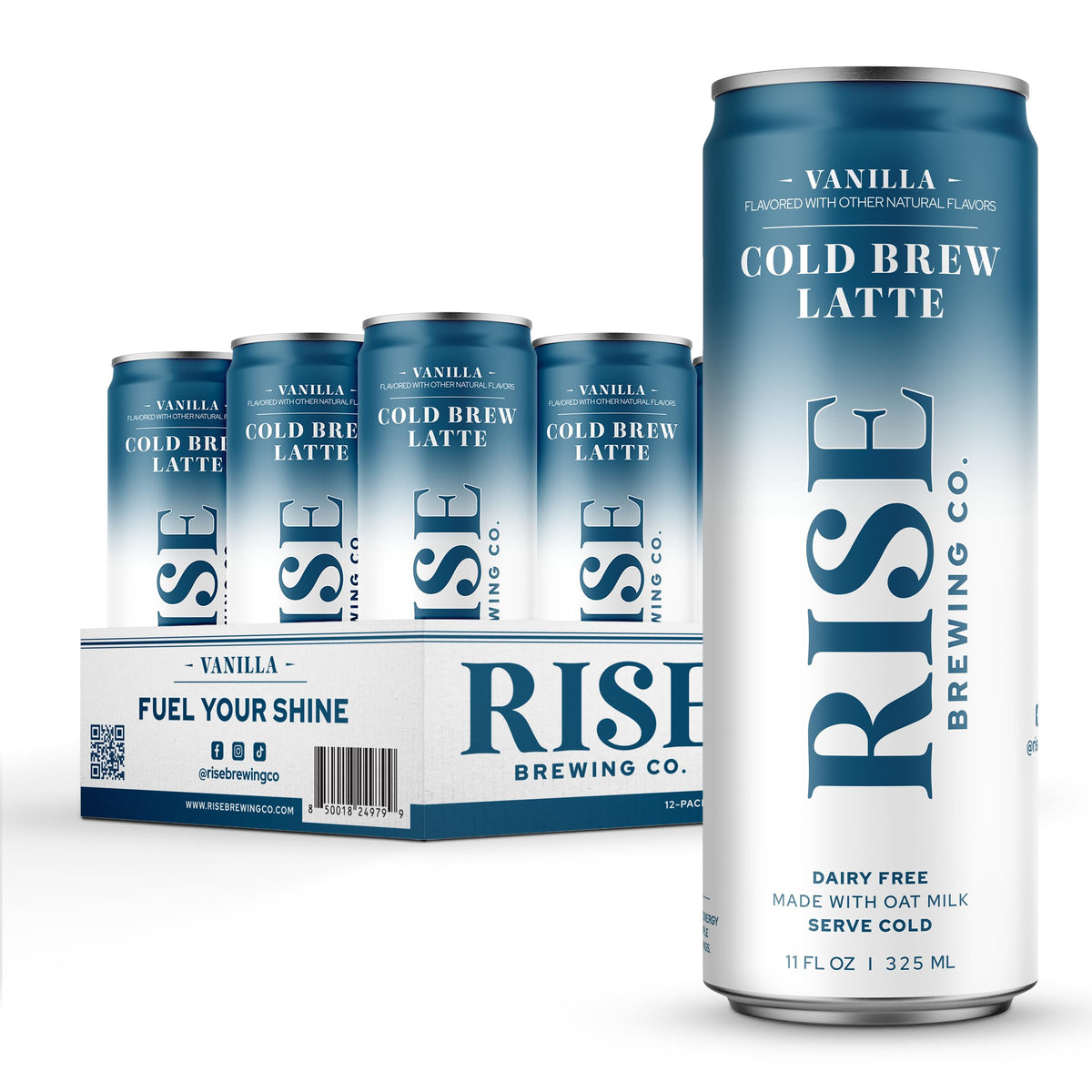 RISE Brewing Co. front packaging showing 11 fl oz vanilla cold brew latte, convenient grab-and-go