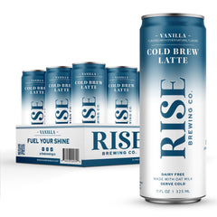 RISE Brewing Co. front packaging showing 11 fl oz vanilla cold brew latte, convenient grab-and-go