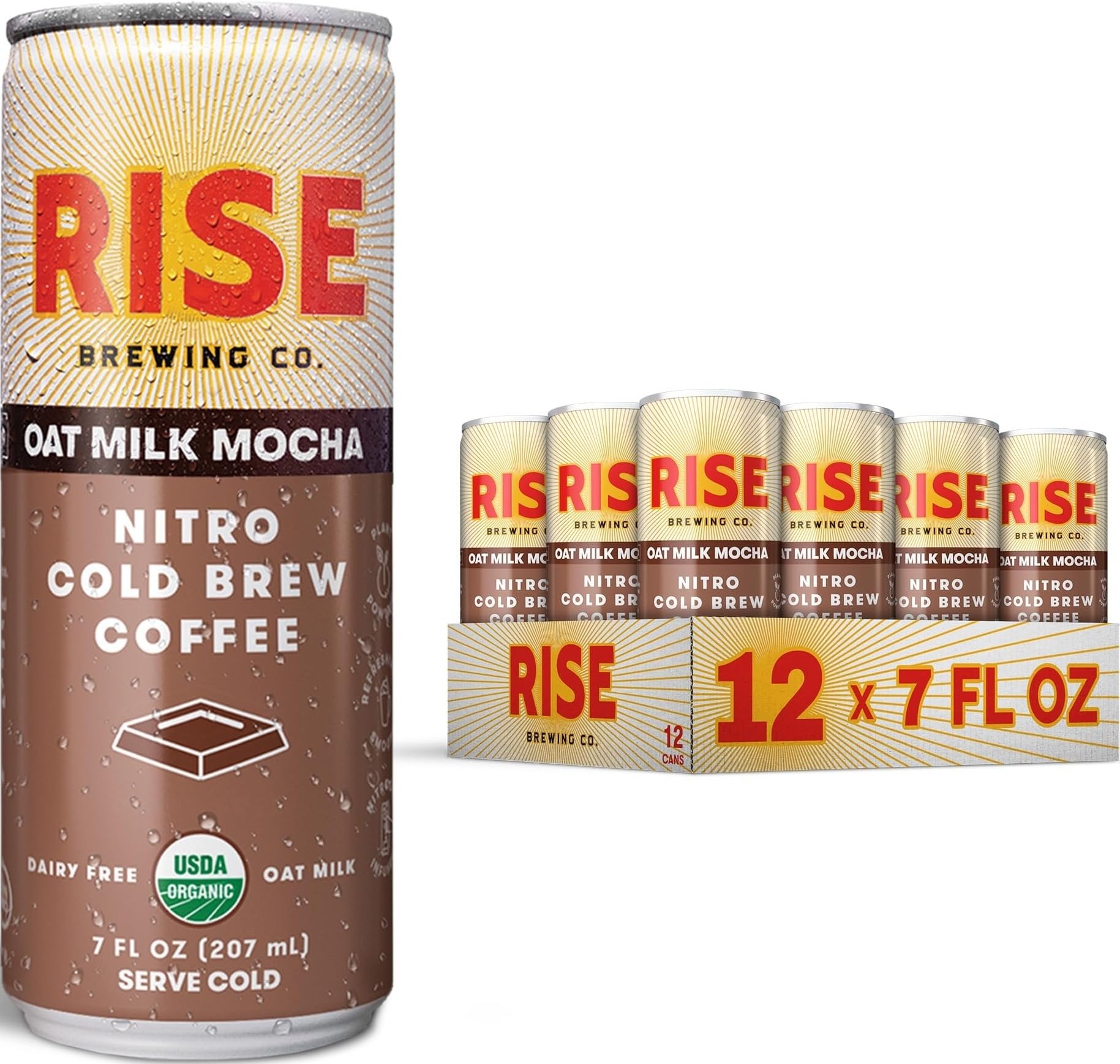 RISE Brewing Co. front can showing oat milk mocha branding and convenience