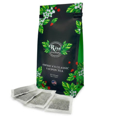 Rise Yaupon front packaging showing 20 tea bags and American sourcing benefit