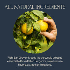 Rishi Tea brewed cup with amber liquor highlighting bergamot aroma and richness