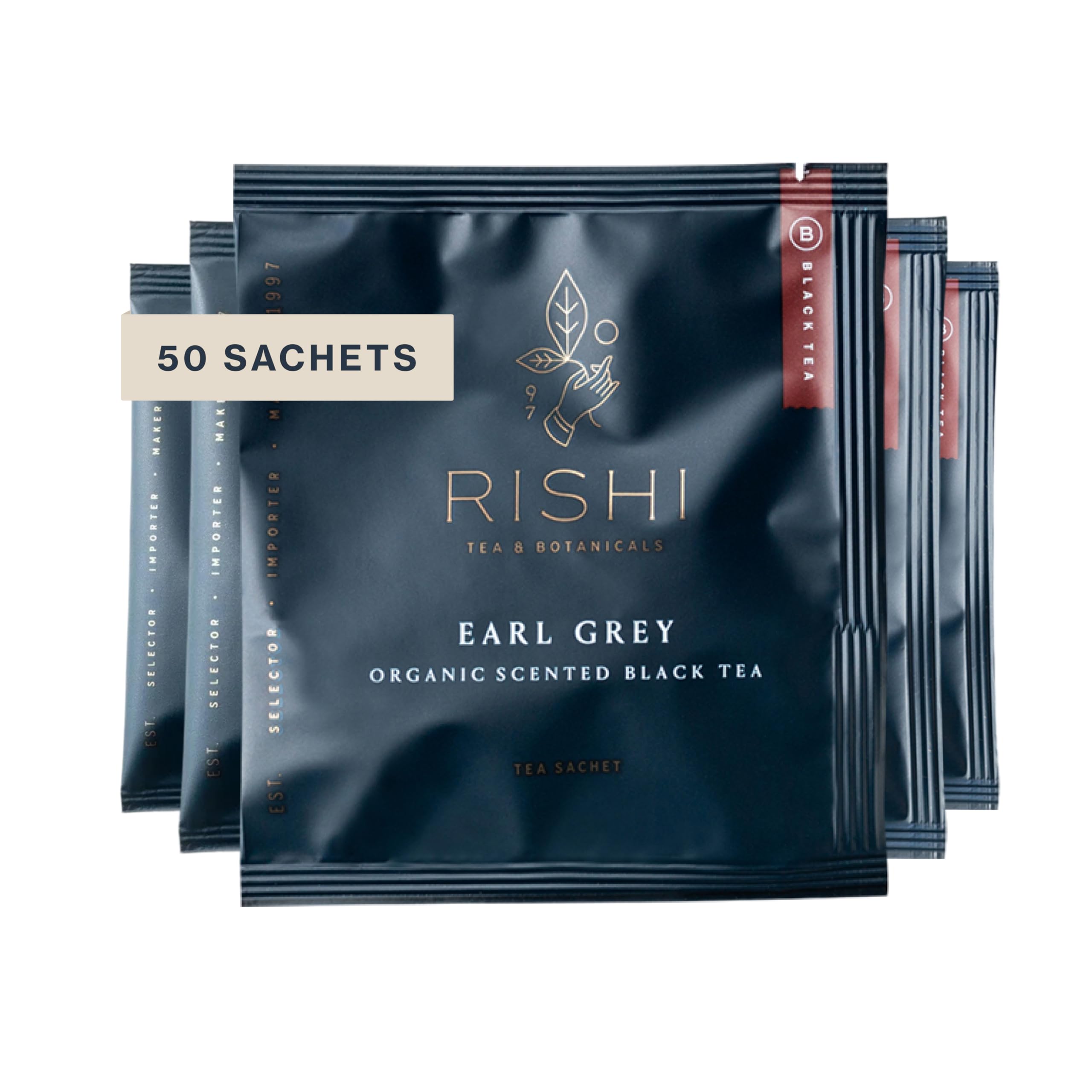 Rishi Tea front box view showing 50-count sachets and organic badge for clarity