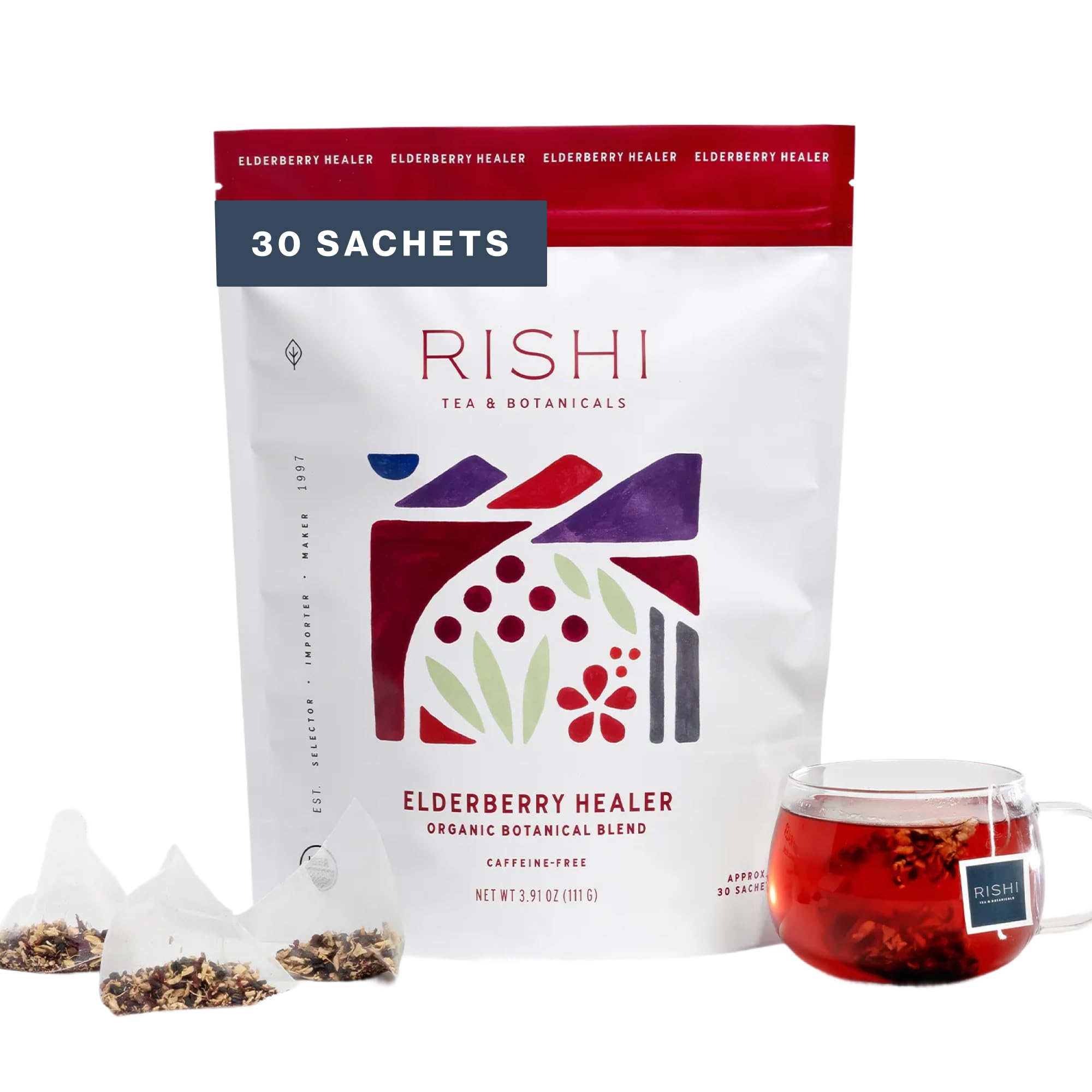 Rishi Tea front packaging showing 30 sachets and organic labeling benefiting easy selection