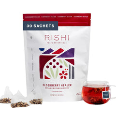 Rishi Tea front packaging showing 30 sachets and organic labeling benefiting easy selection