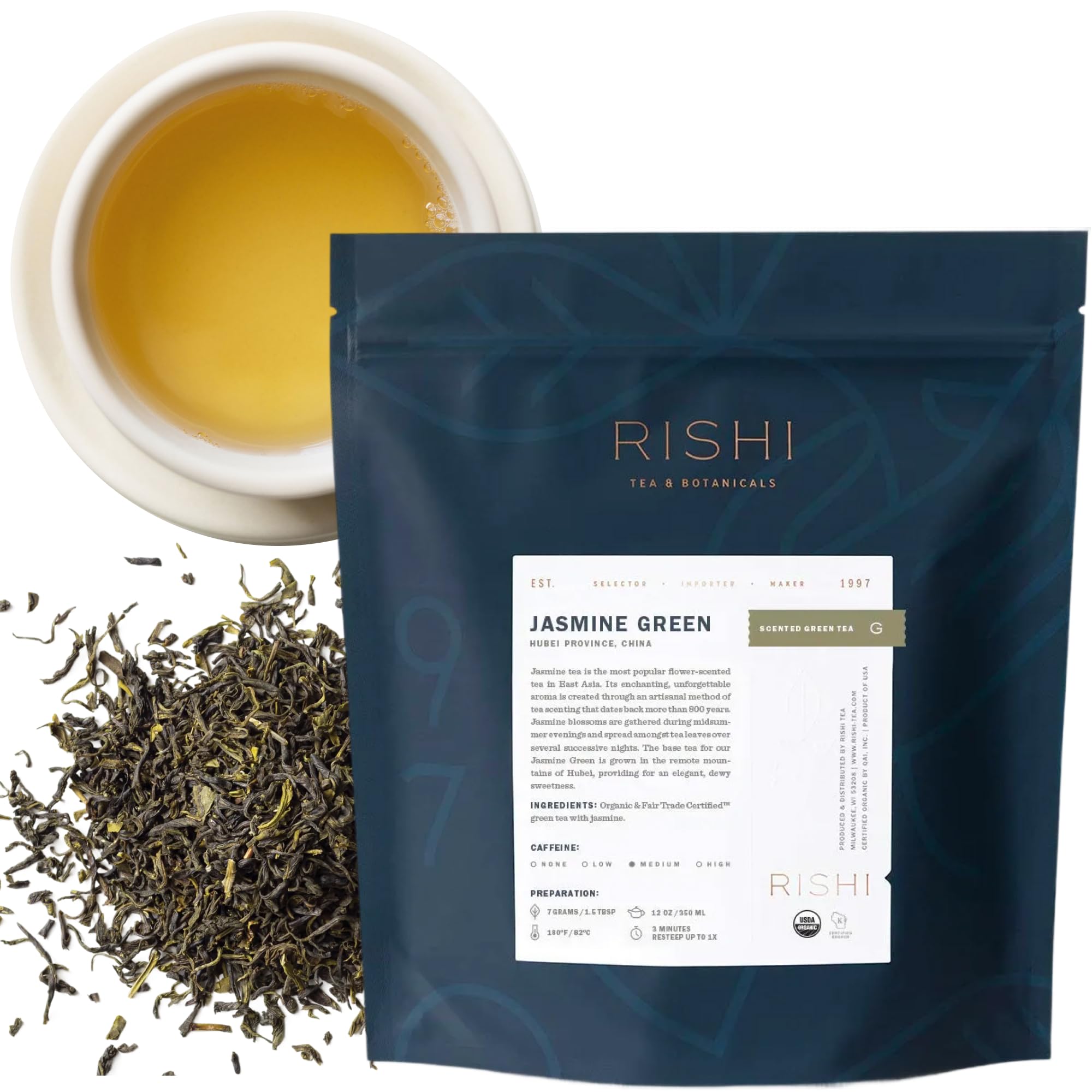 Rishi Tea front packaging showing 1 lb bag and organic label benefit
