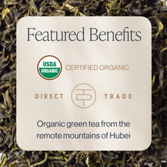 Rishi Tea close-up of loose jasmine green leaves highlighting fresh texture
