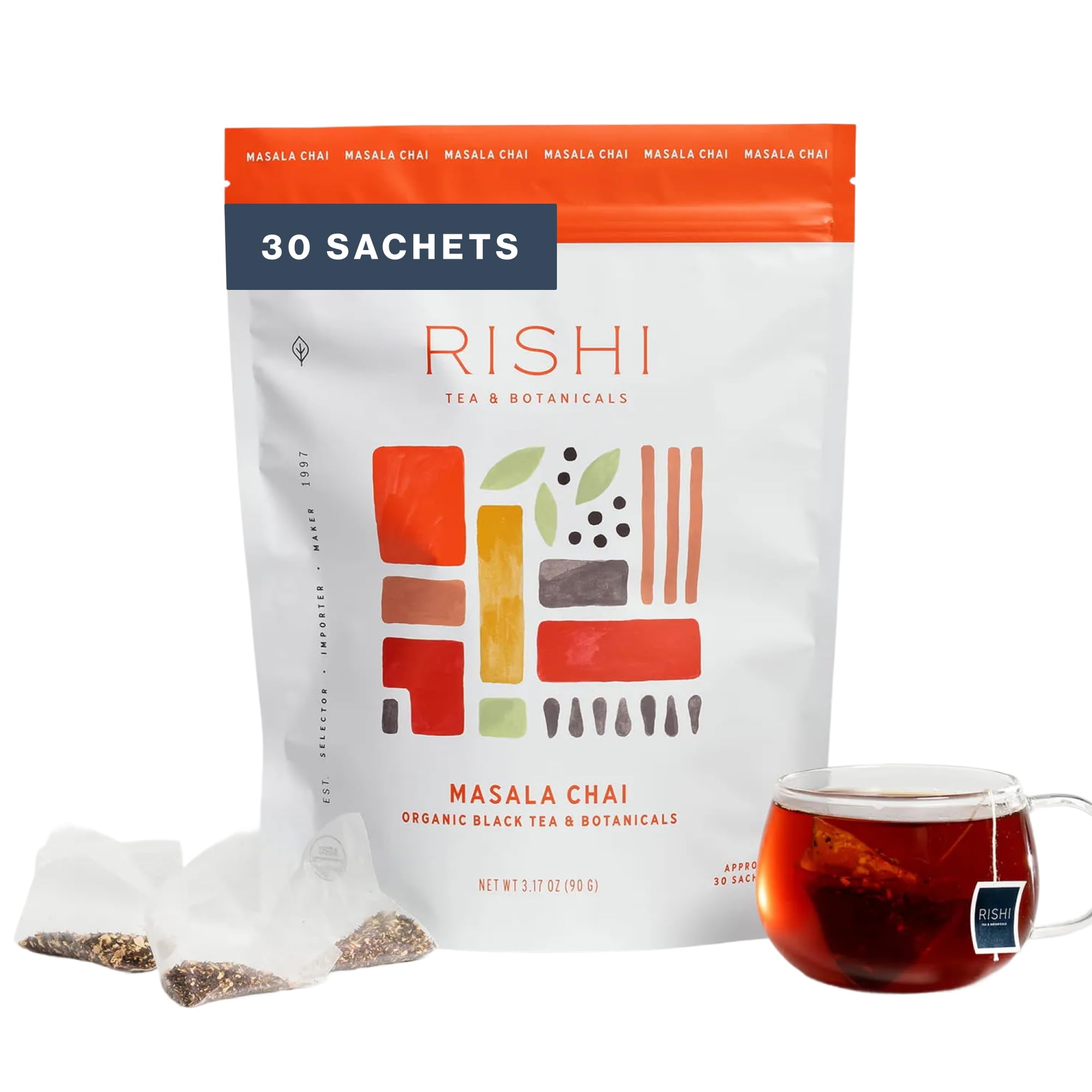 Rishi Tea front packaging showing organic masala chai benefits
