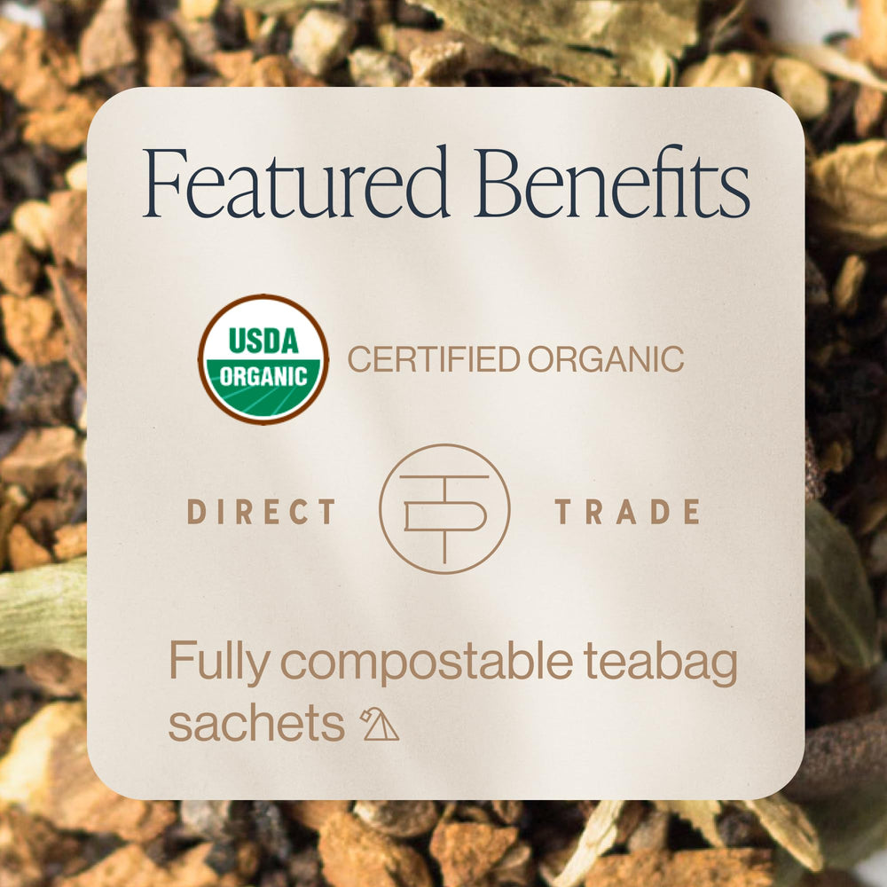 Rishi Tea sachet close-up highlighting convenient BPA-free bag