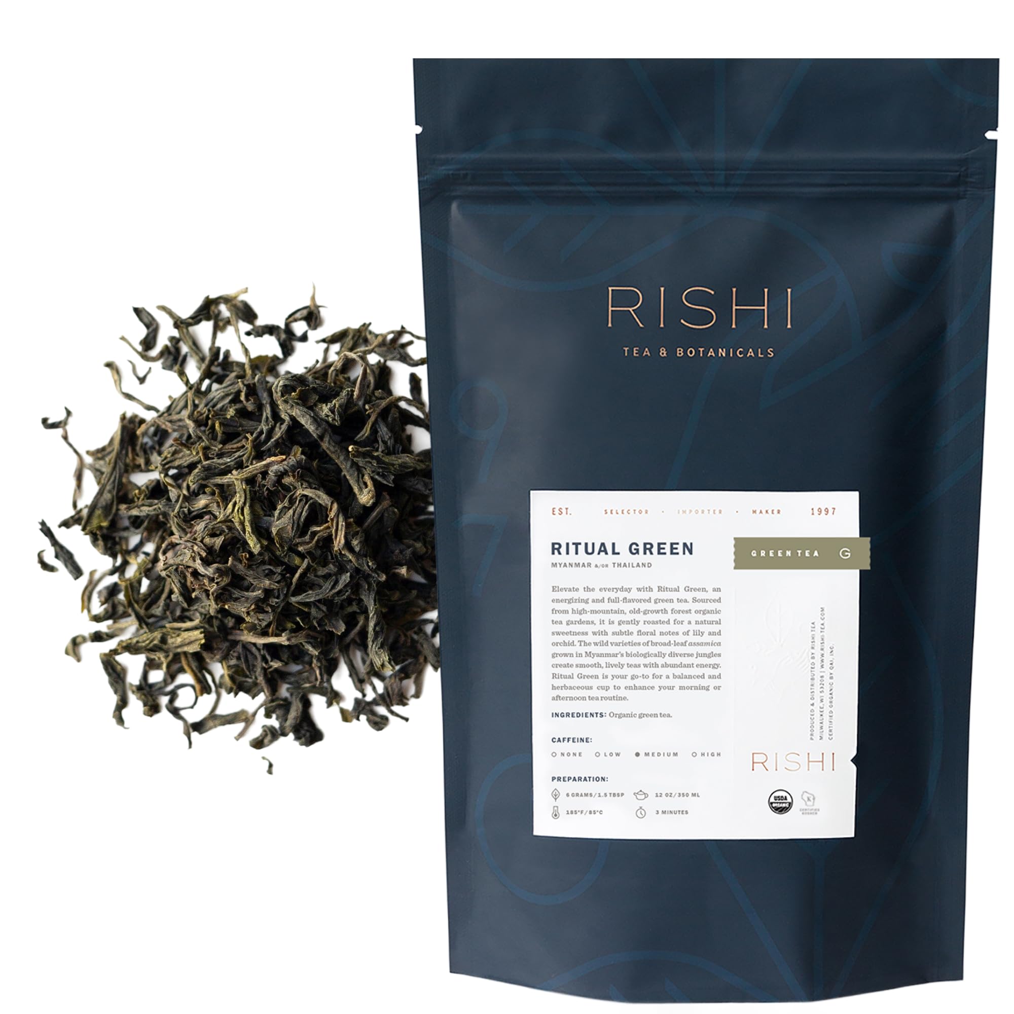 Rishi Tea front packaging showing organic label and clear product identity for informed choice