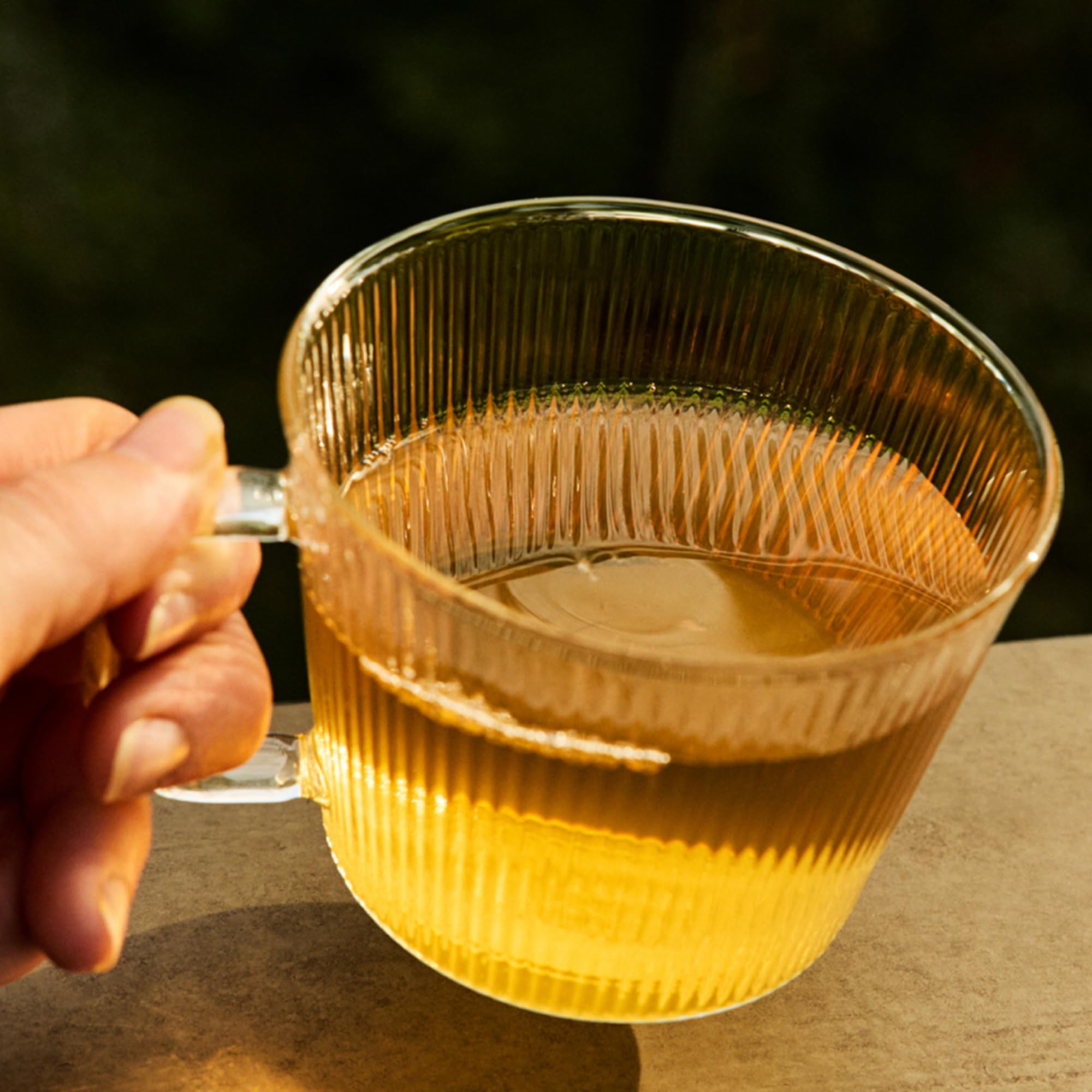Rishi Tea lifestyle table setting showing sachet and cup for easy mindful tea ritual