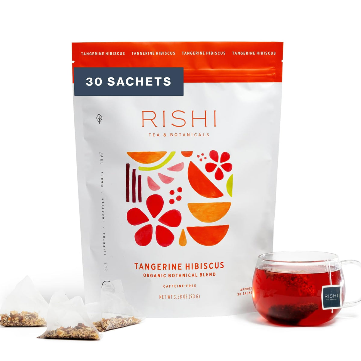 Rishi Tea front packaging showing vibrant citrus and hibiscus benefits immune-supporting refreshment