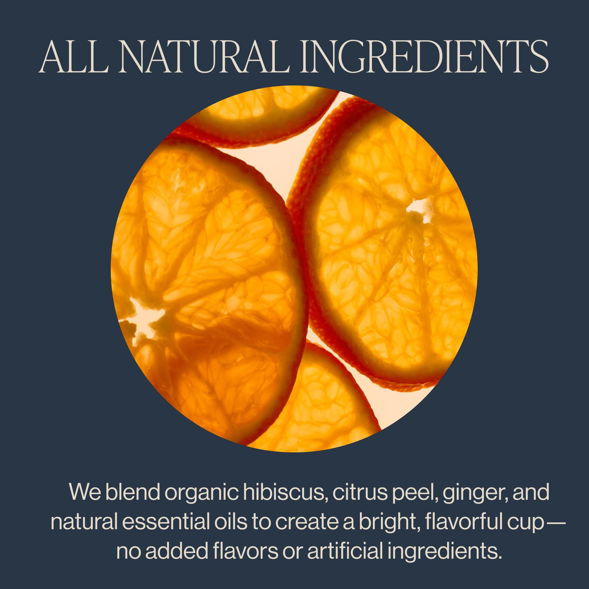 Rishi Tea steeping cup with bright tangerine-hibiscus color delivering bold flavor benefit