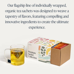 Rishi Tea assortment overhead layout displaying variety of black, green, and herbal sachets
