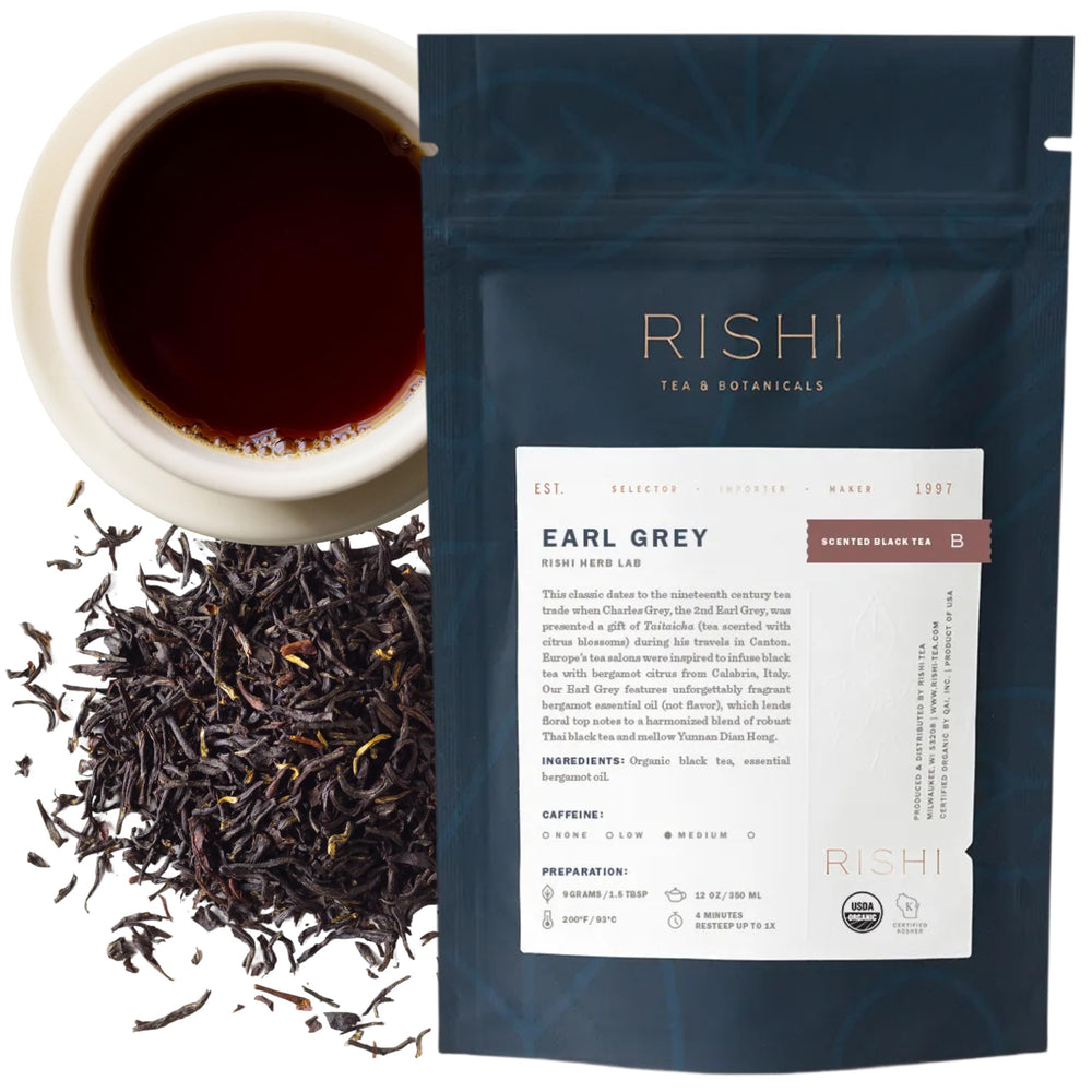 Rishi Tea front packaging showing organic Earl Grey and 4oz weight benefit clarity