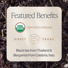 Rishi Tea close-up of loose black leaves with bergamot oil for aroma clarity
