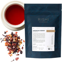 Rishi Tea front pouch showing hibiscus berry branding and organic badge for freshness