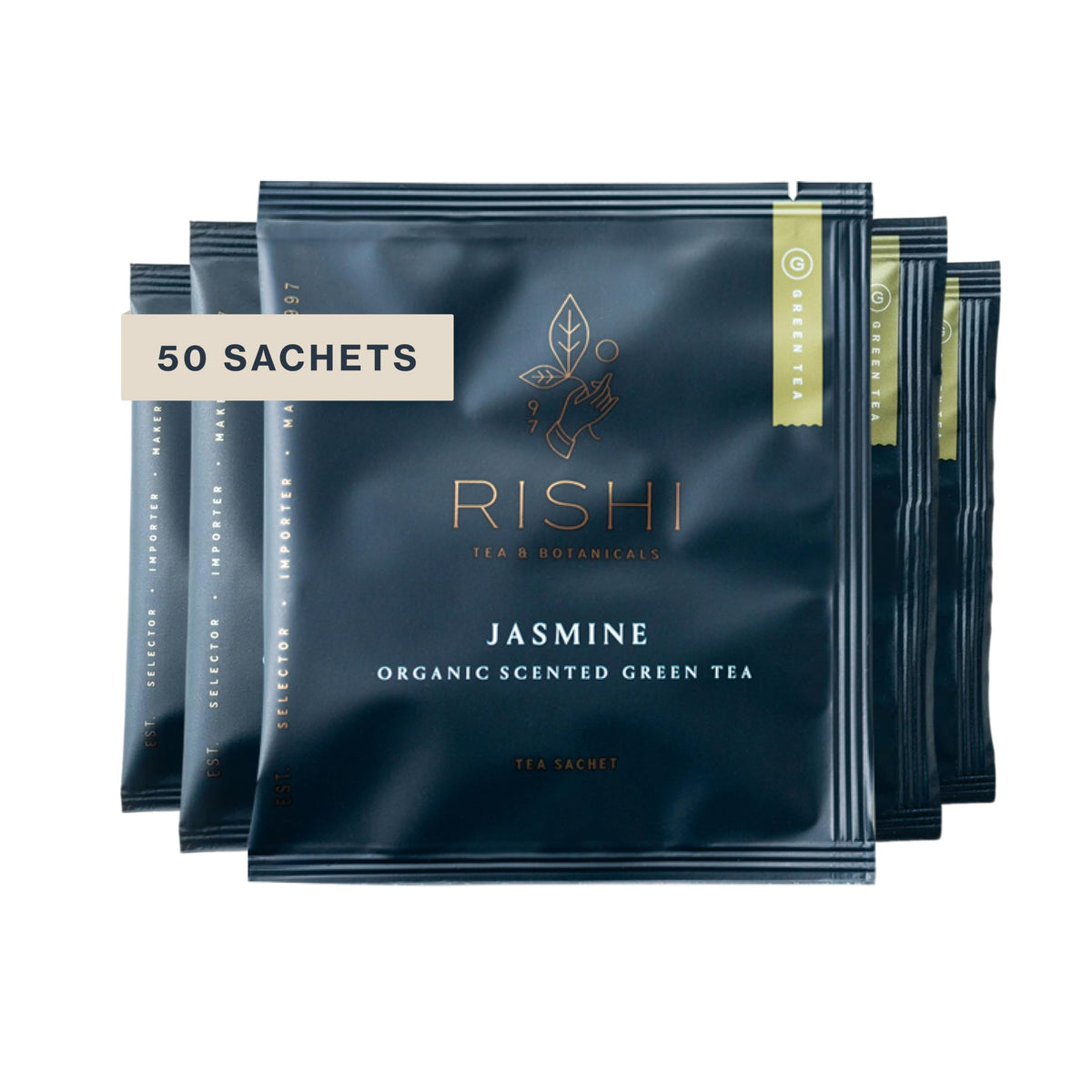 Rishi Tea front packaging showing organic jasmine green sachets and branding benefit convenience