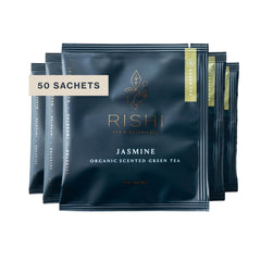 Rishi Tea front packaging showing organic jasmine green sachets and branding benefit convenience