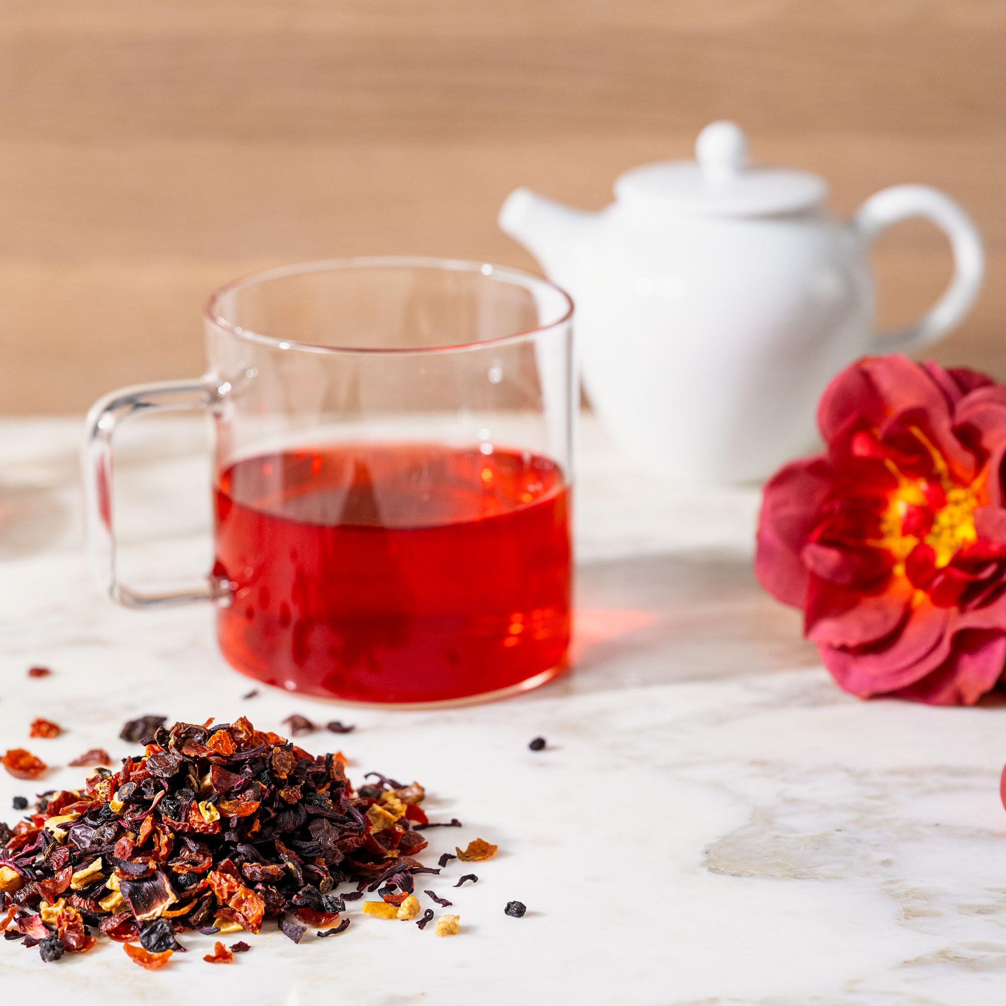 Rishi Tea on table with glassware and fruit conveying serving ideas and presentation
