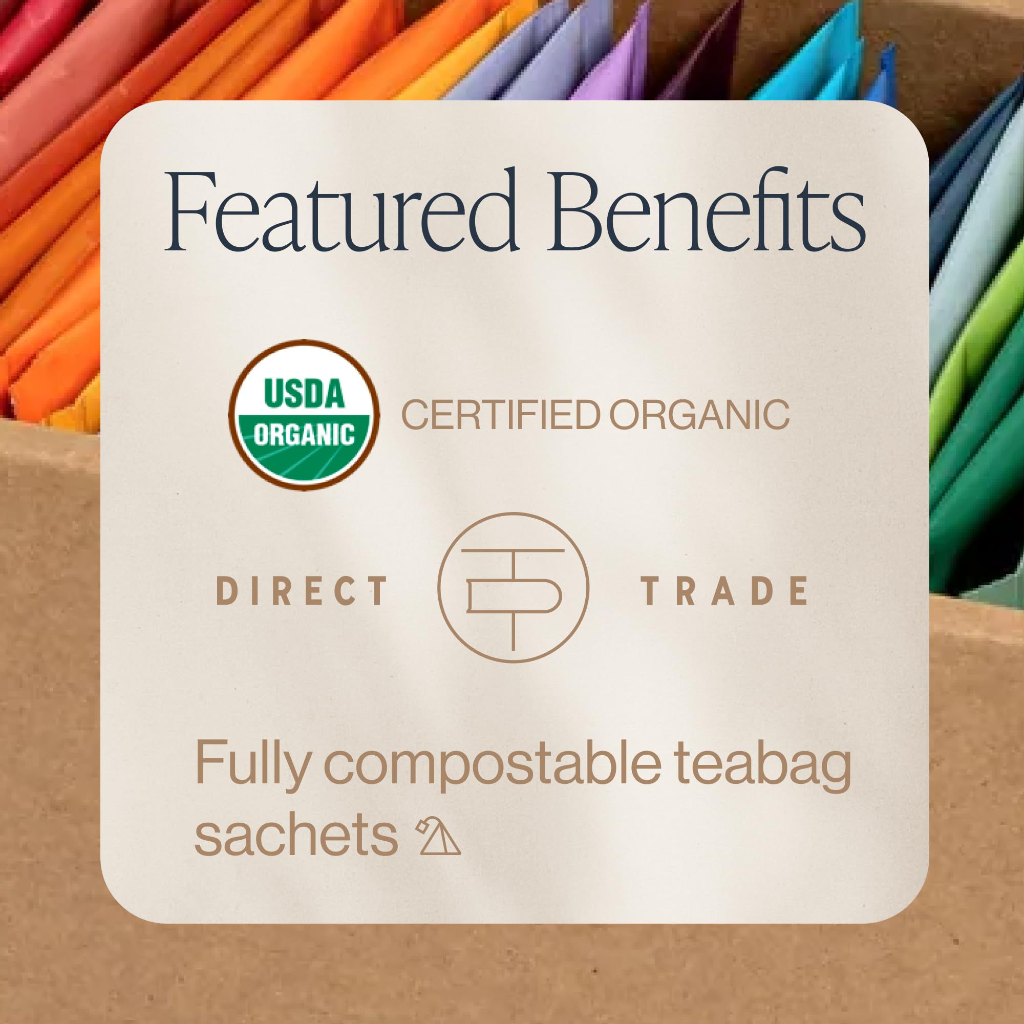Rishi Tea sachet close-up texture highlighting compostable pyramid sachet and aroma preservation