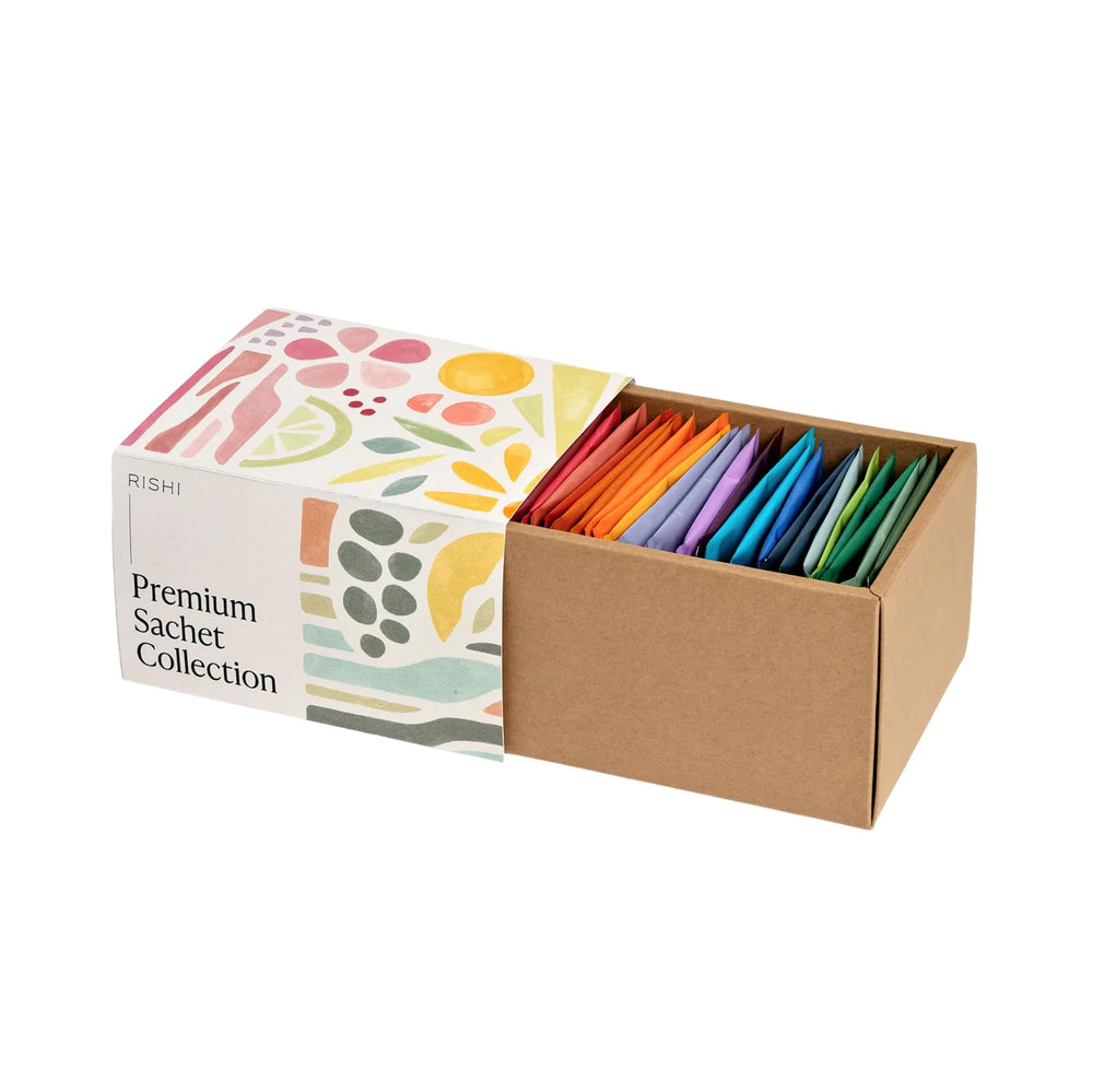 Rishi Tea sampler box front view showing 24-count assorted organic sachets for gifting