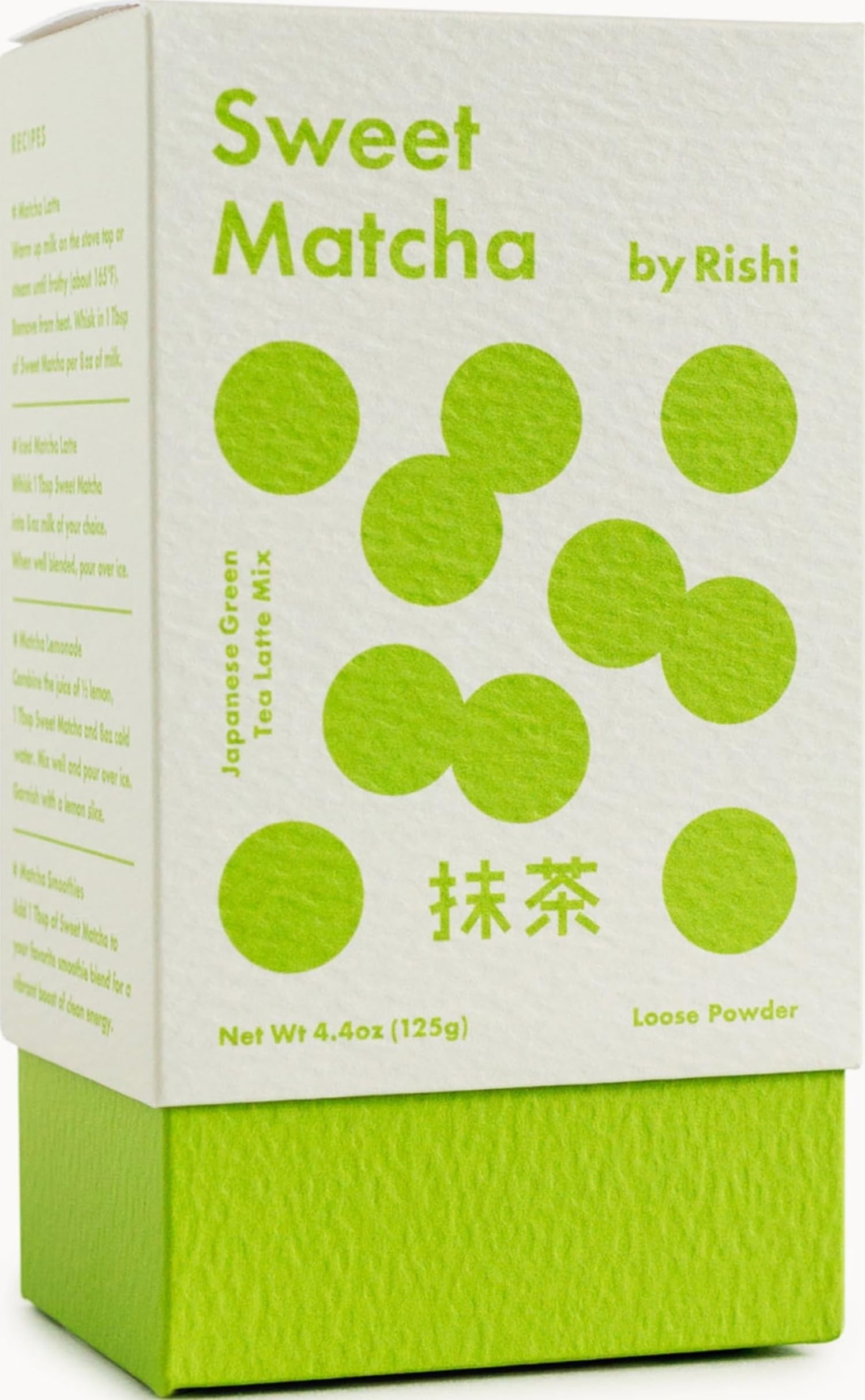 Rishi Tea jar front view showing label and 4 oz package, convenient sweet matcha