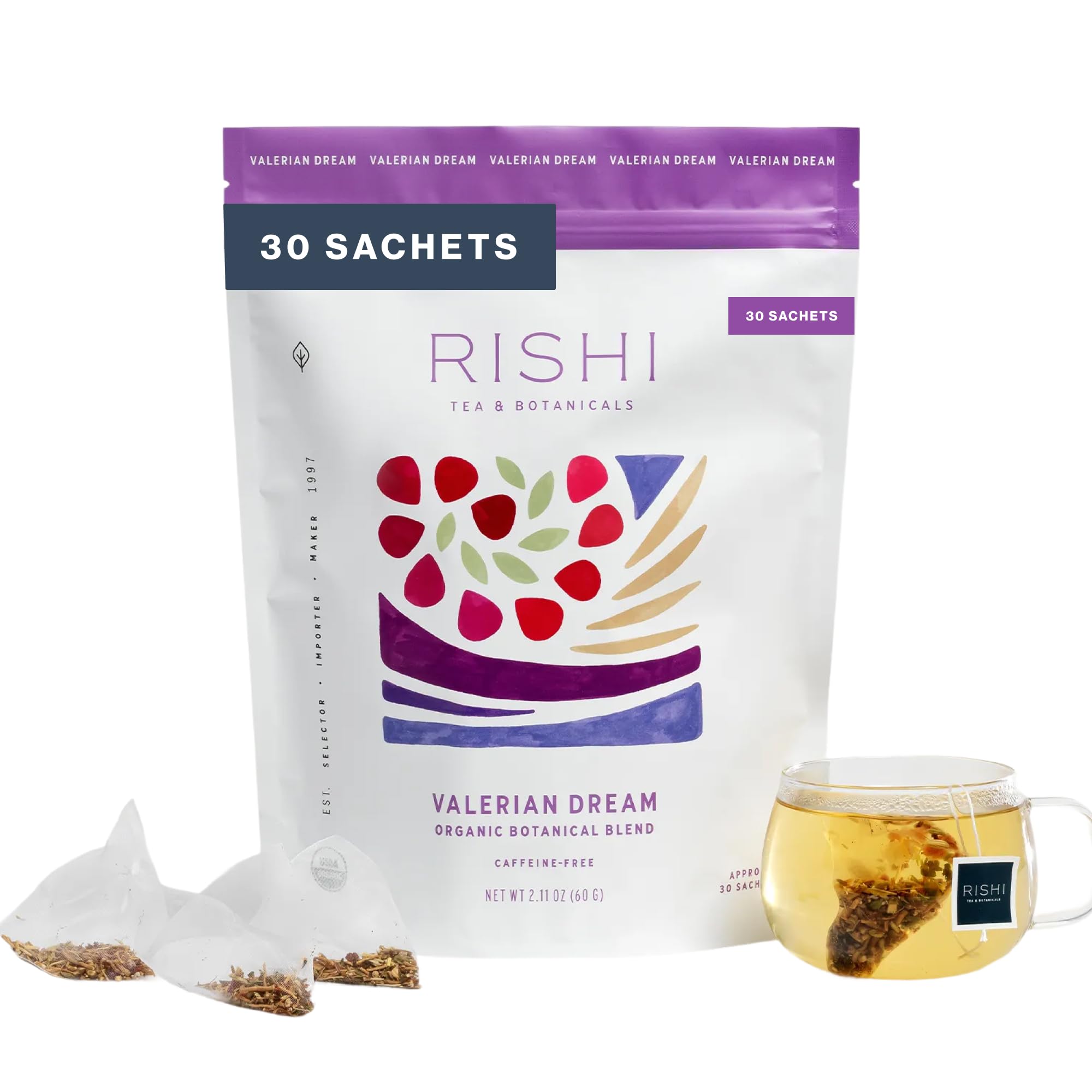 Rishi Tea front packaging showing 30-count resealable bag and organic label for convenience
