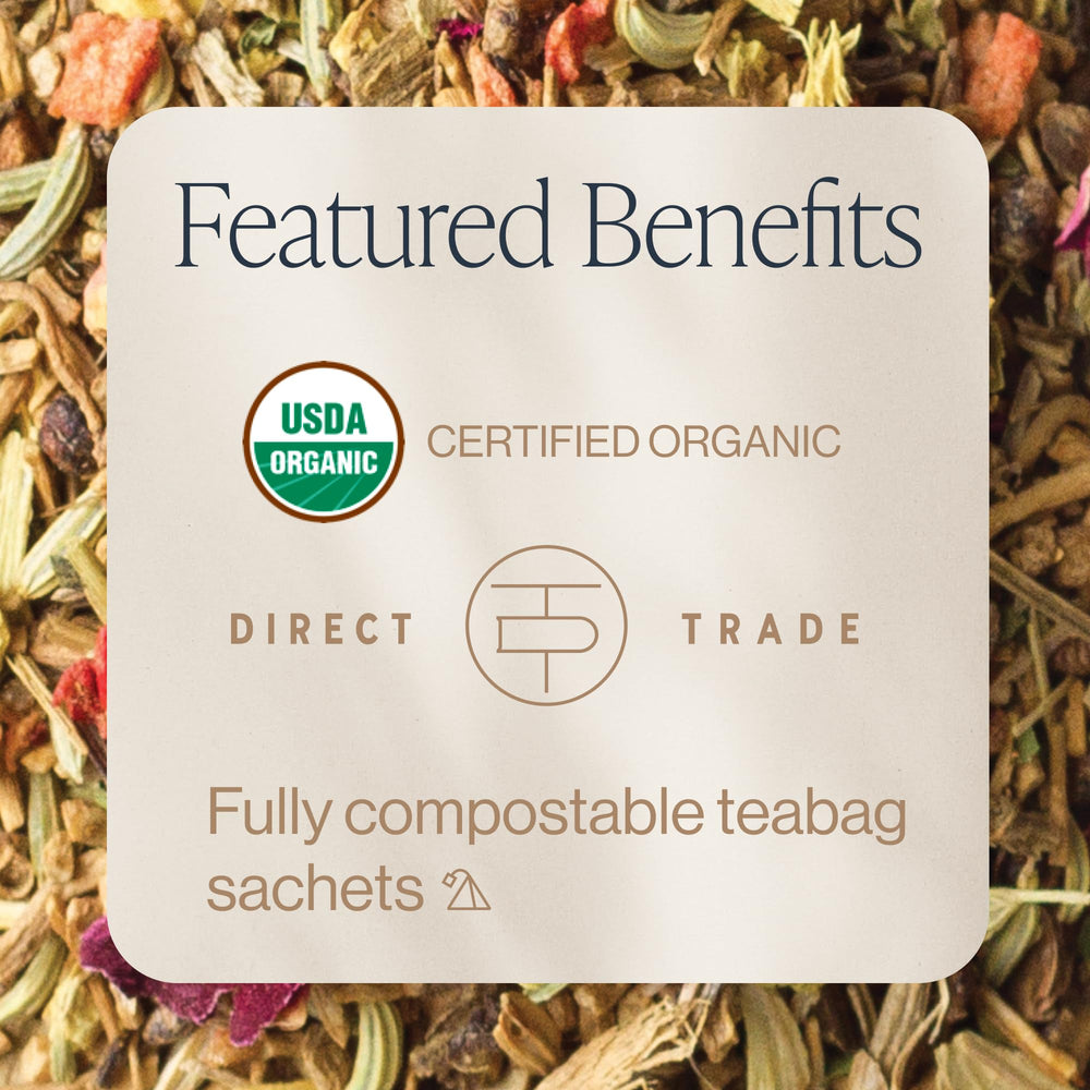 Rishi Tea sachet close-up with visible tea blend and BPA-free mesh for easy steeping