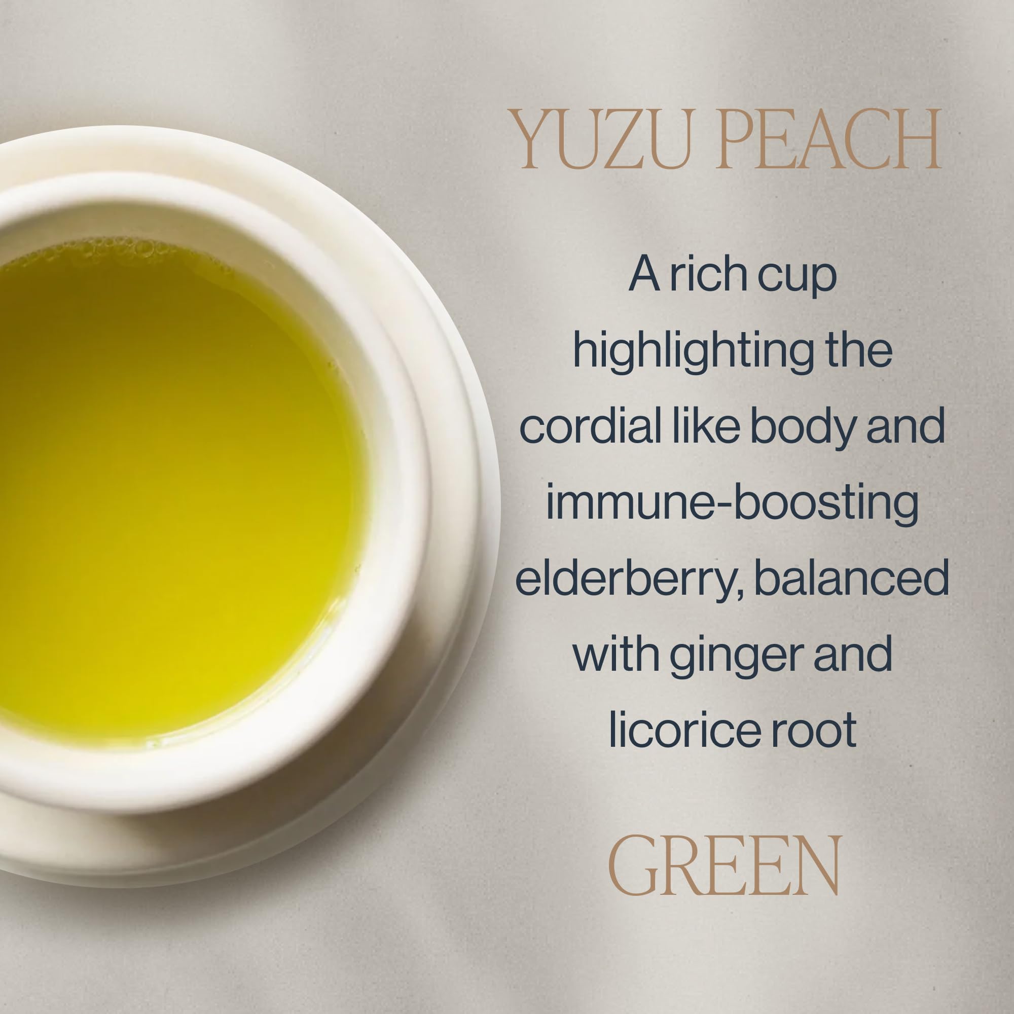 Rishi Tea brewed cup top view showing golden-green liquor and citrus-peach aromatics for refreshing flavor