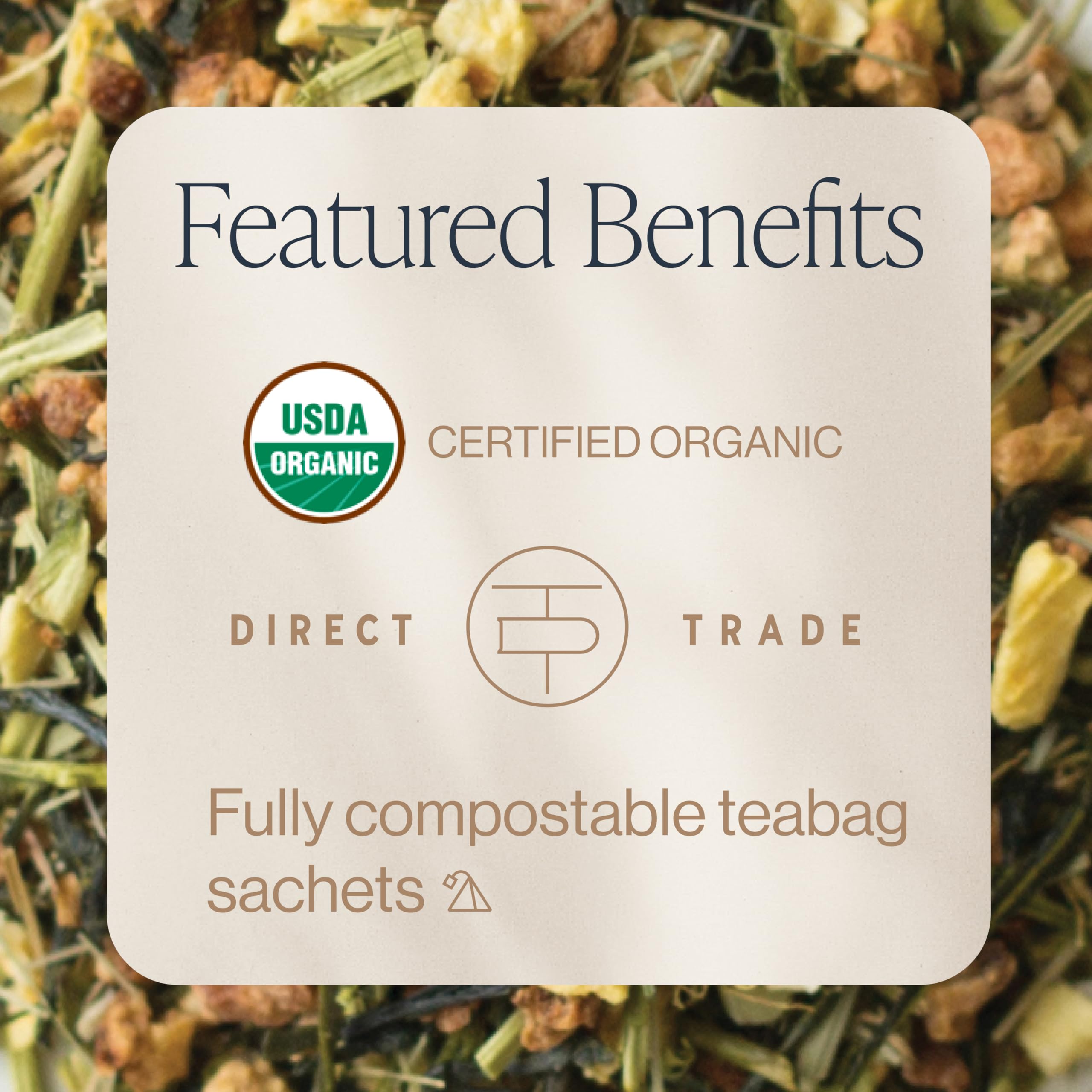 Rishi Tea sachet close-up with visible leaves and biodegradable mesh highlighting convenience and quality