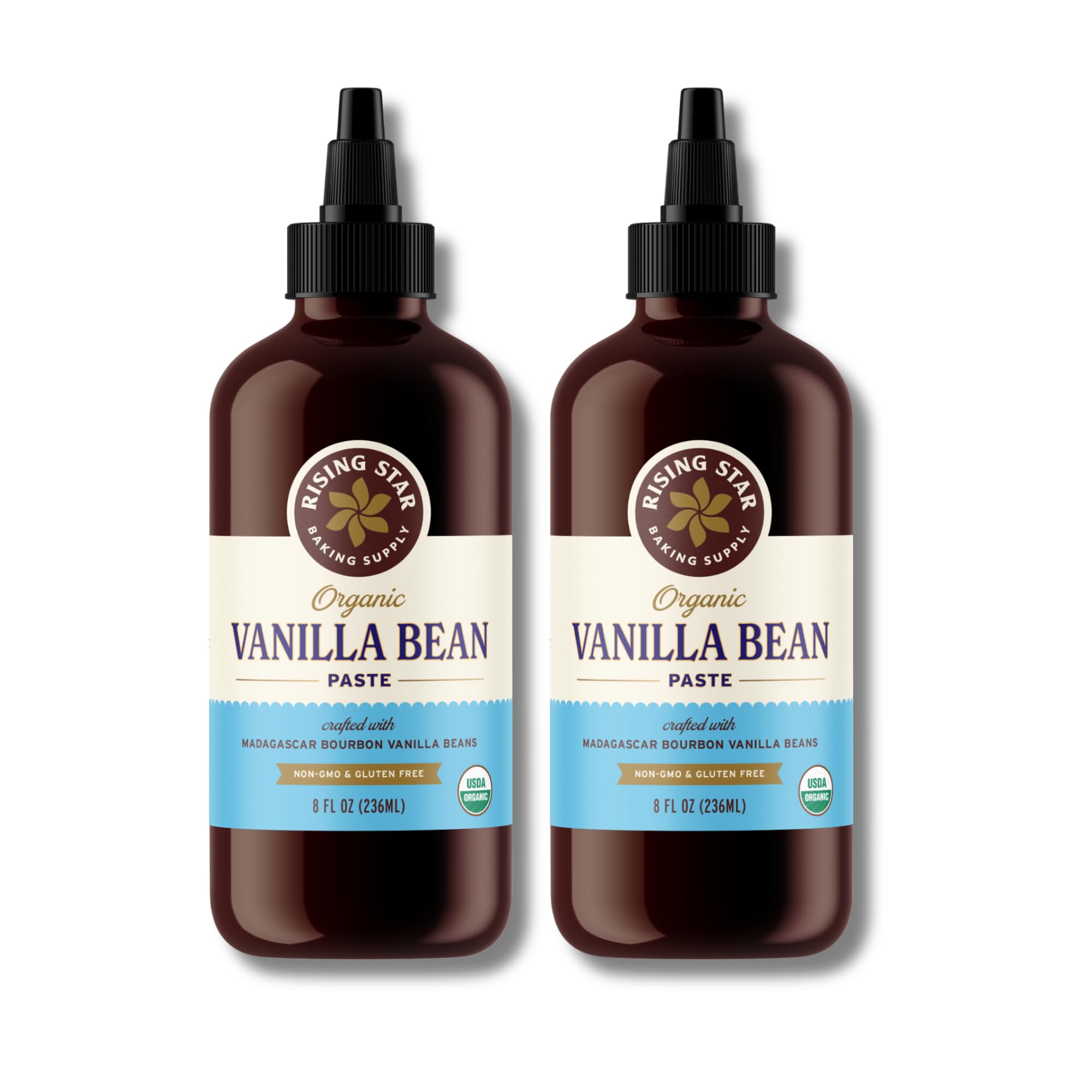 Rising Star front packaging showing two 8 oz bottles and label benefits