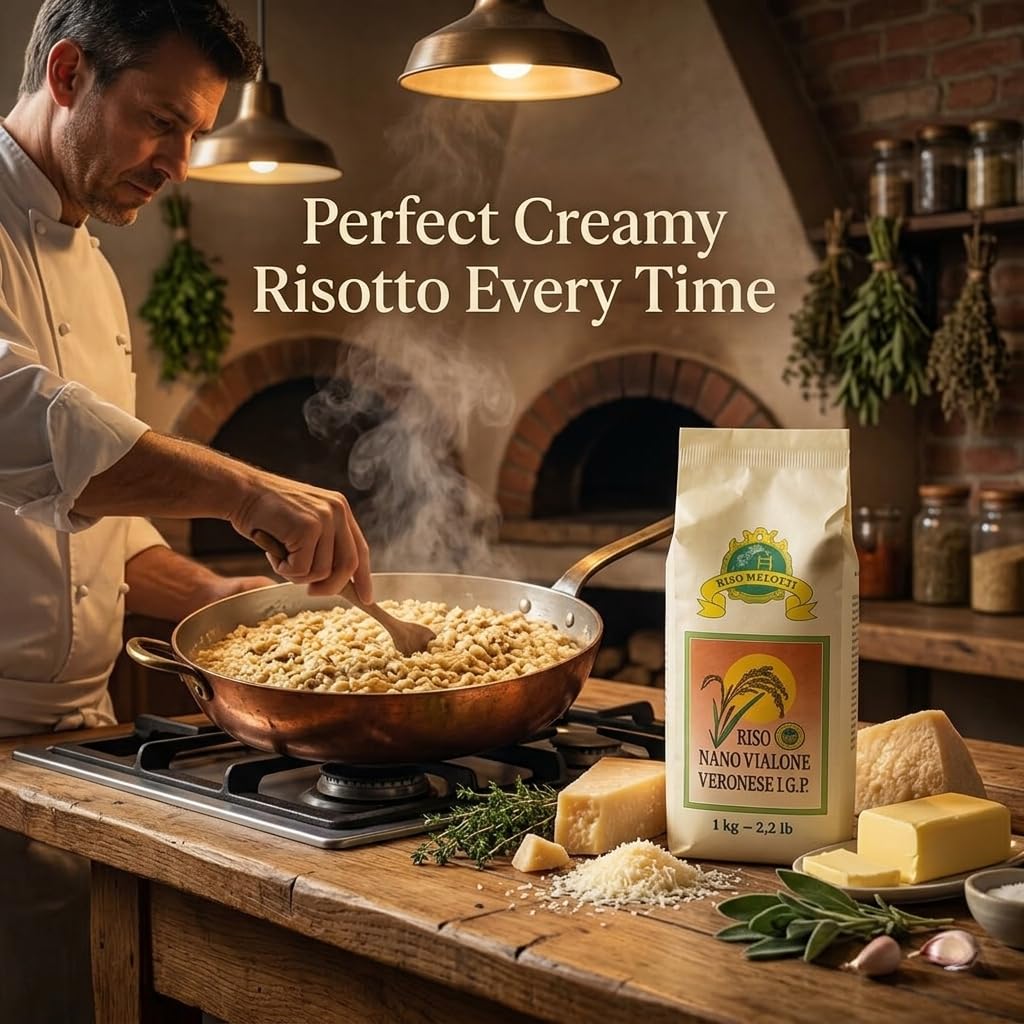 Riso Melotti finished risotto in a bowl showing creamy texture and intact grains