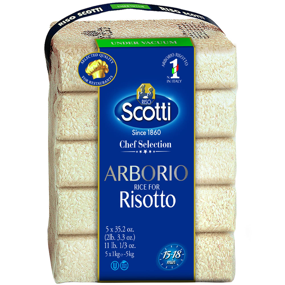 Riso Scotti front packaging showing five 1 kg bags and brand clarity