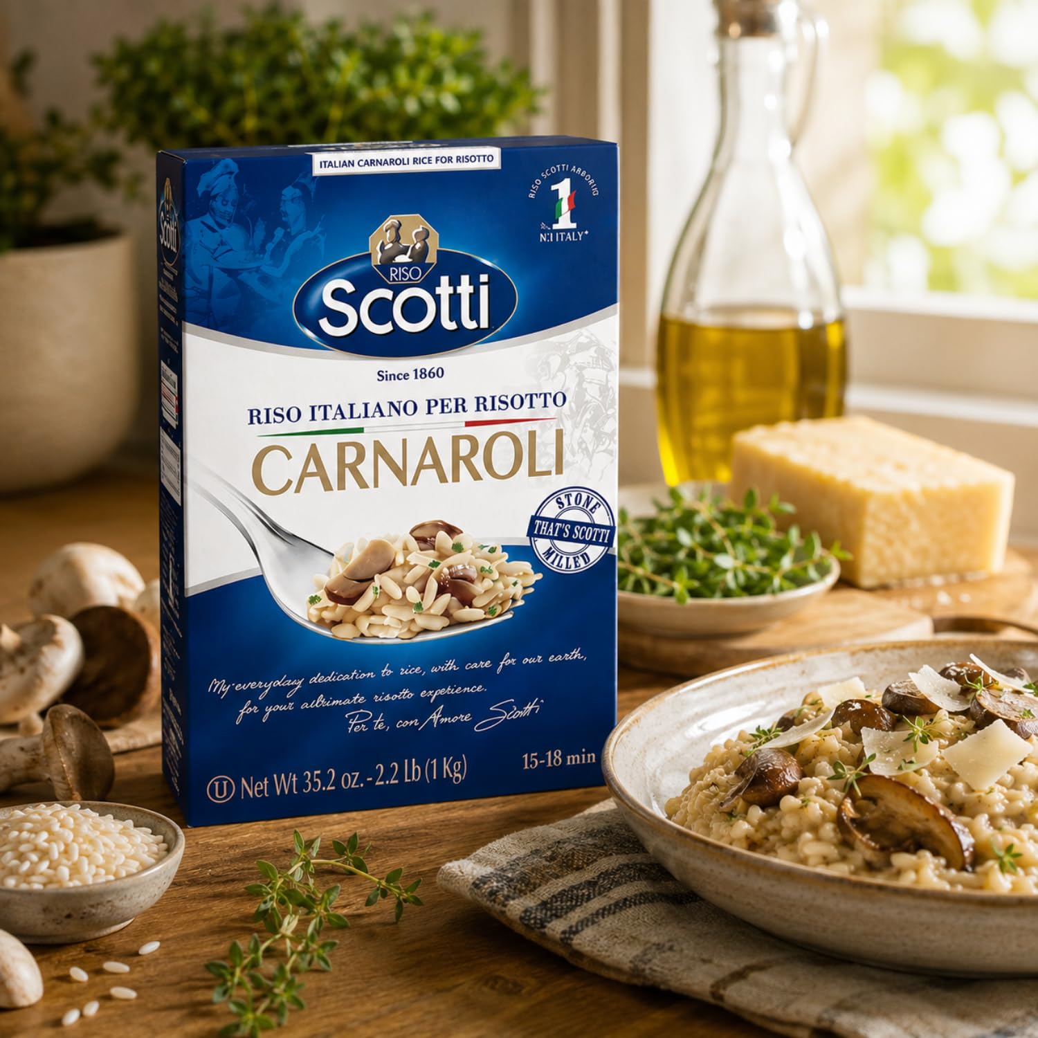 Riso Scotti Carnaroli next to measuring cup showing portion clarity and convenience