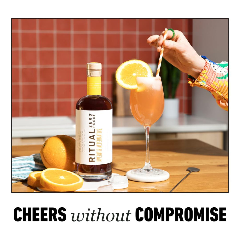 Ritual Zero-Proof bottle held in hand showing 750ml scale and pour-friendly size