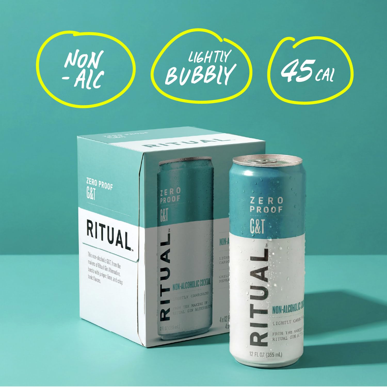 Ritual Zero-Proof closeup carbonation highlighting bright bubbles and refreshment