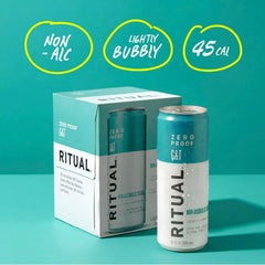 Ritual Zero-Proof closeup carbonation highlighting bright bubbles and refreshment