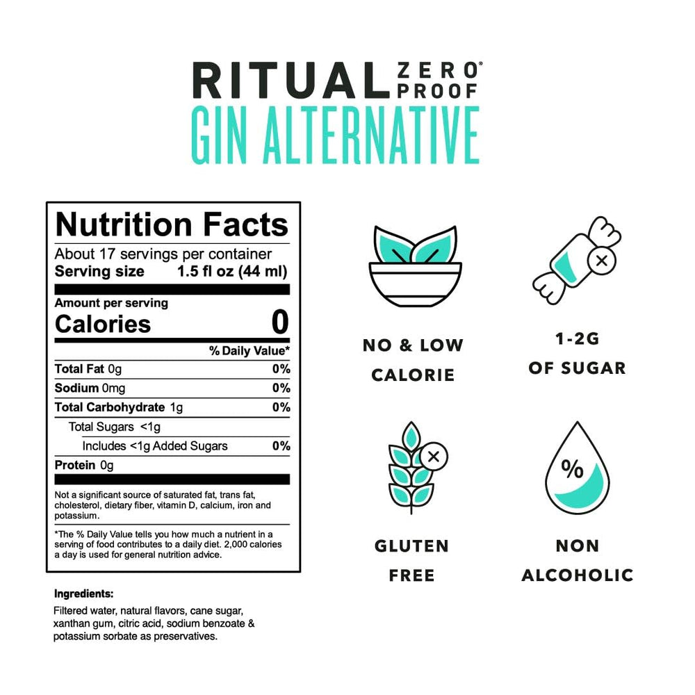 Ritual Zero-Proof label detail highlighting botanicals and award seal for trust