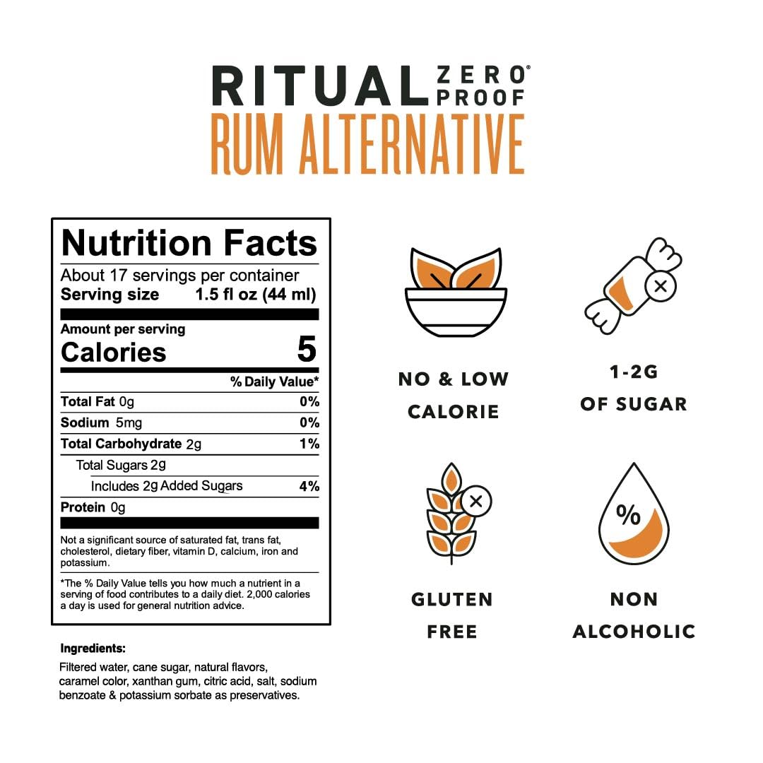 Ritual Zero-Proof label close-up highlighting ingredients and award badge