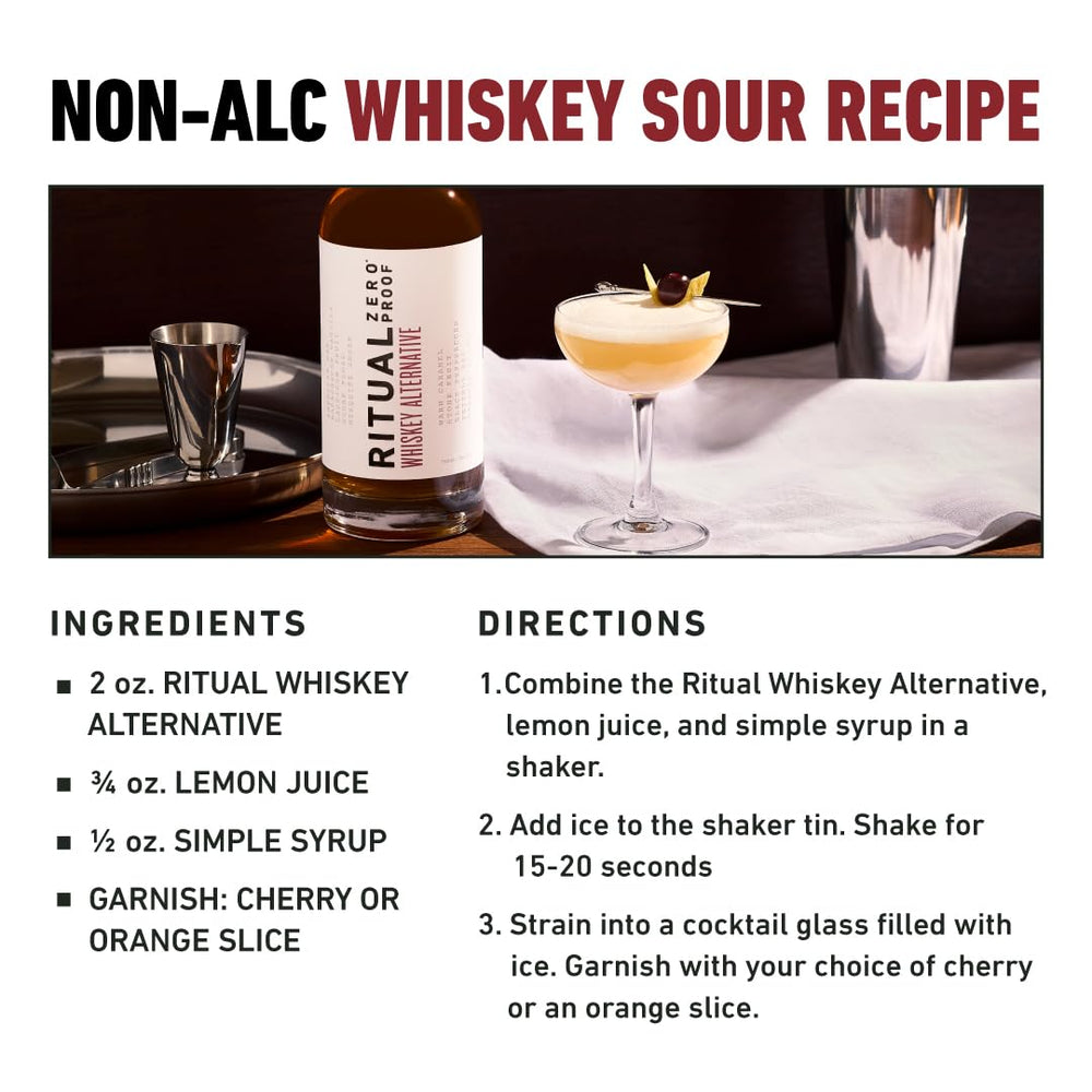 Ritual Zero-Proof bottle beside vanilla and oak chips highlighting flavor sources
