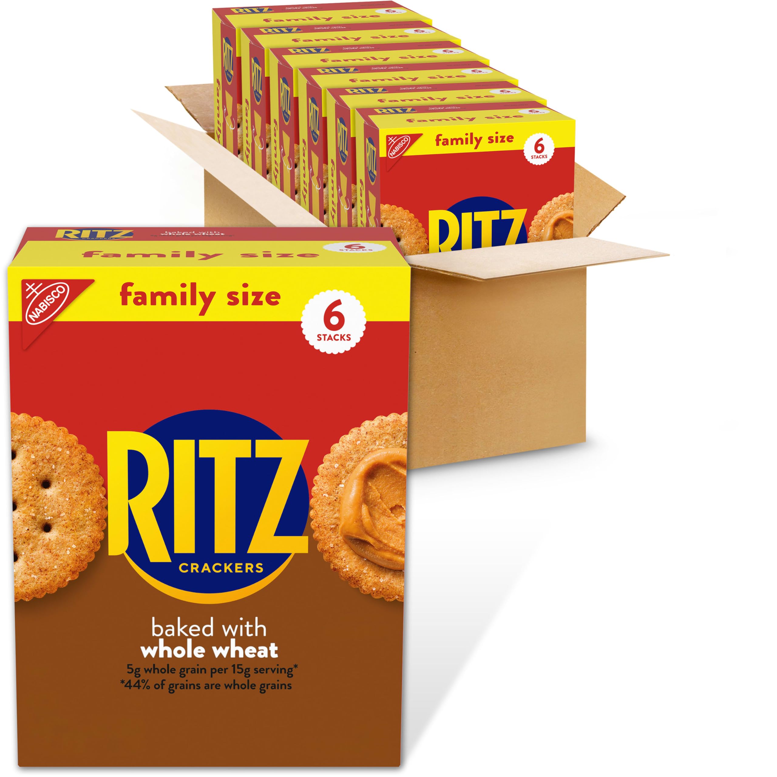 RITZ whole wheat front packaging showing family-size six boxes and freshness benefit