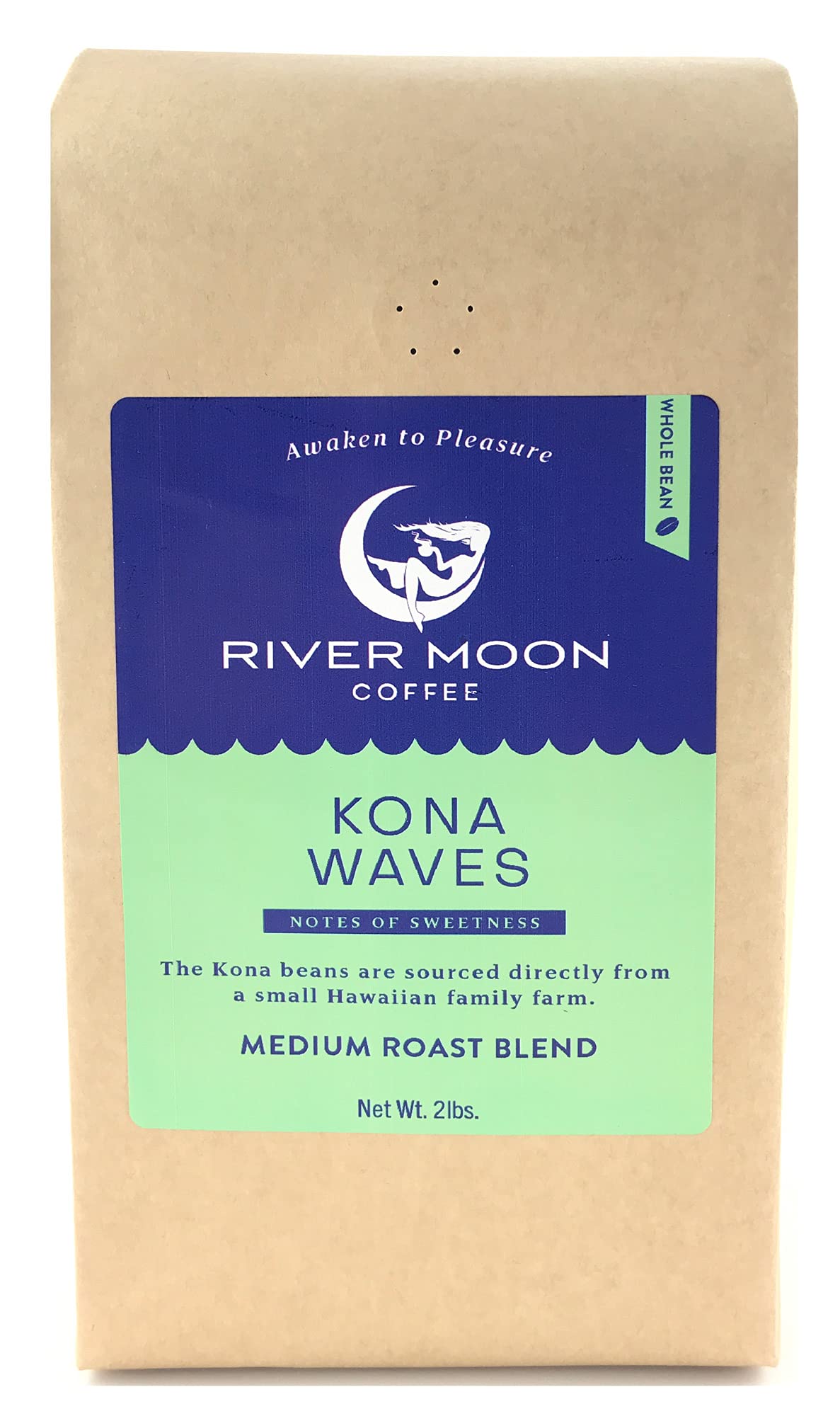 River Moon Coffee front packaging showing 2 lb bag and branding benefit freshness