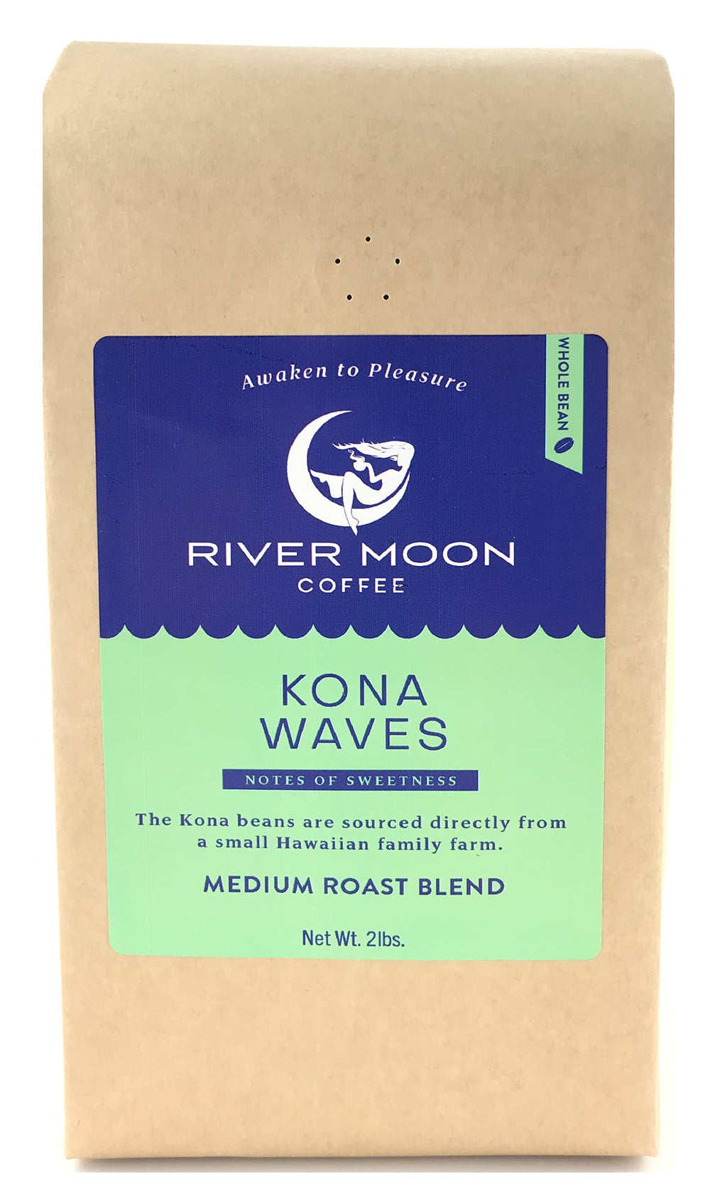 River Moon Coffee front packaging showing 2 lb bag and branding benefit freshness