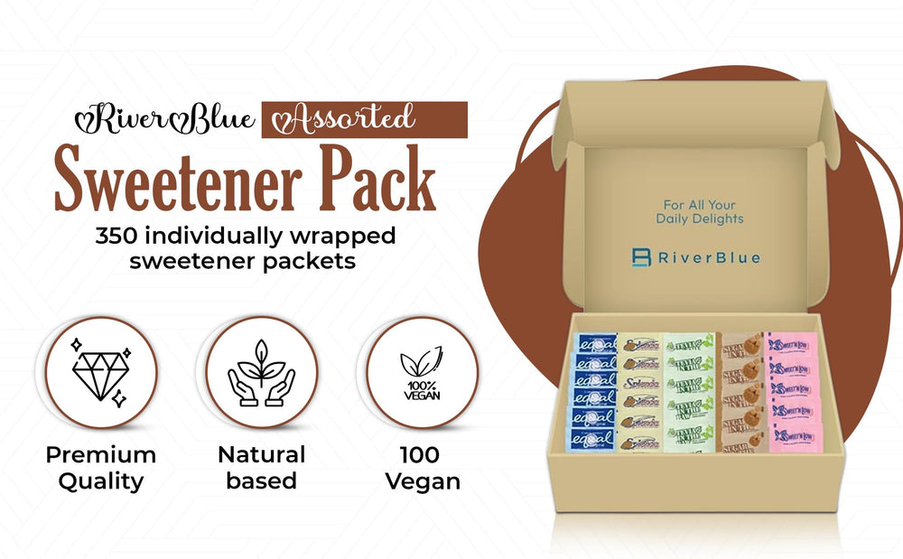 RiverBlue packet beside mug illustrating easy mixing and consistent sweetness in beverages