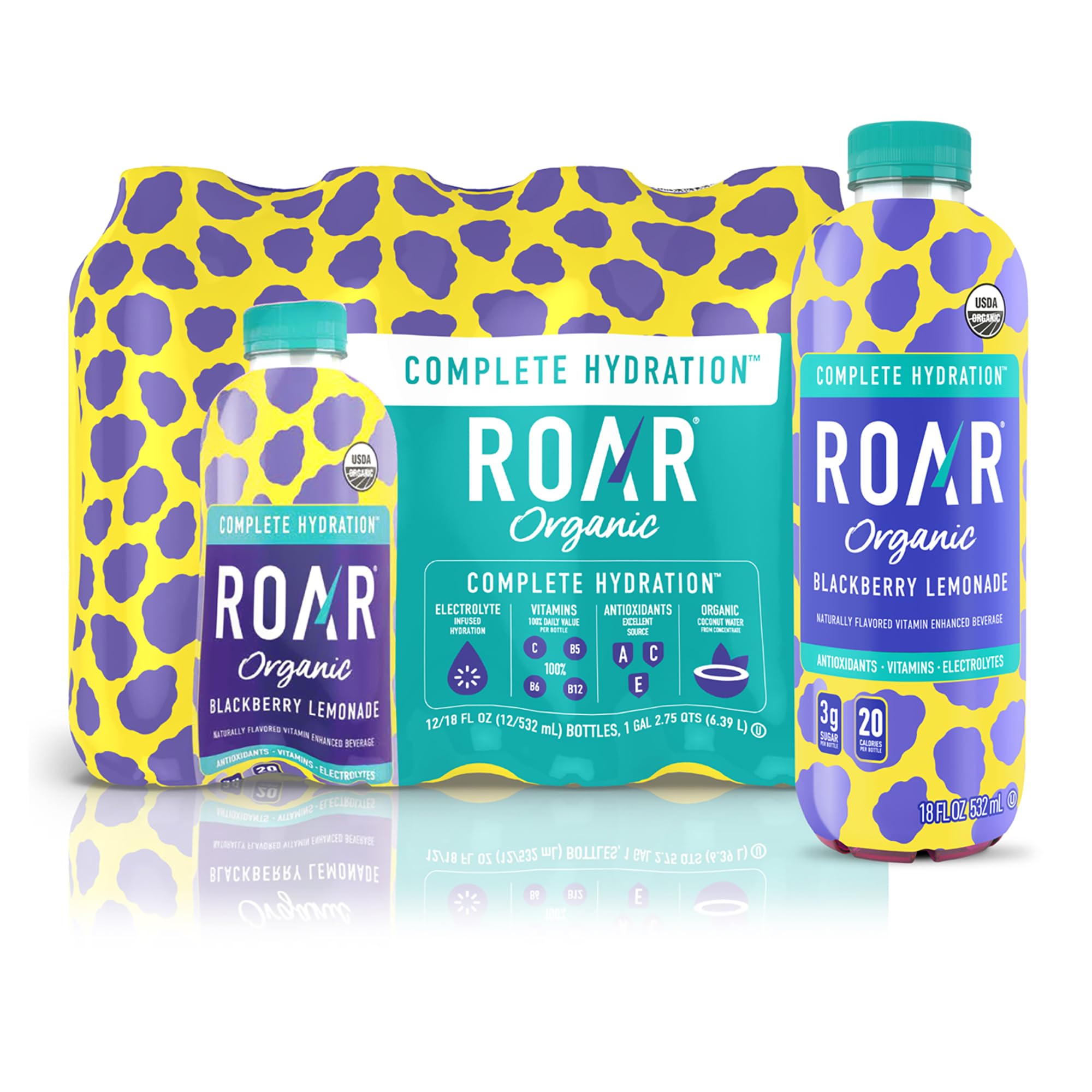 ROAR front bottle image showing label and flavor, highlights convenience