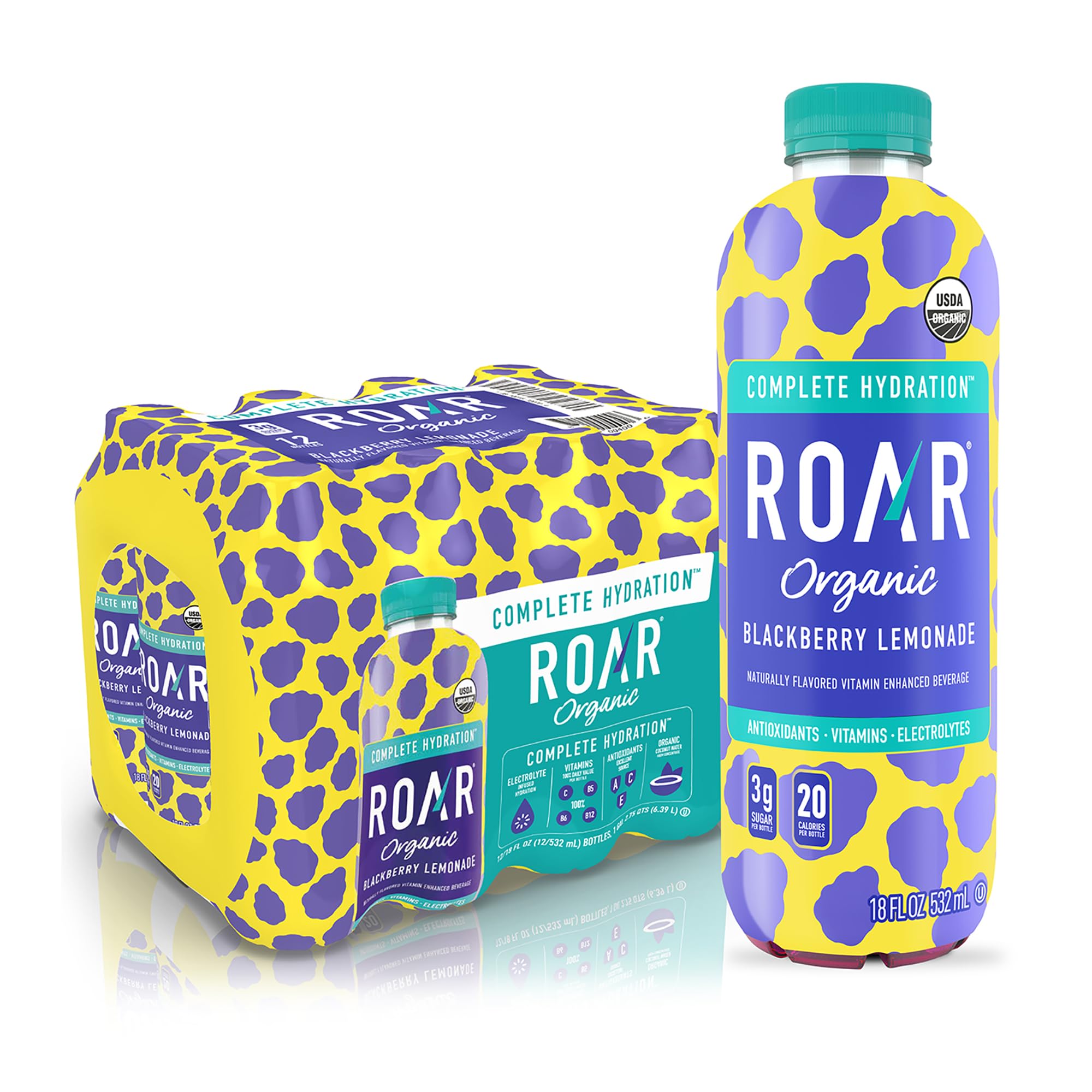 ROAR bottle beside gym gear in workout setting, conveys post-exercise rehydration