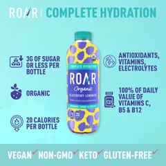 ROAR side label close-up showing organic coconut water and vitamins, clarifies ingredients
