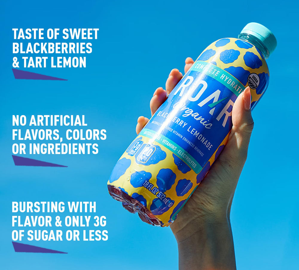 ROAR bottle in hand for size comparison, communicates generous single-serve volume