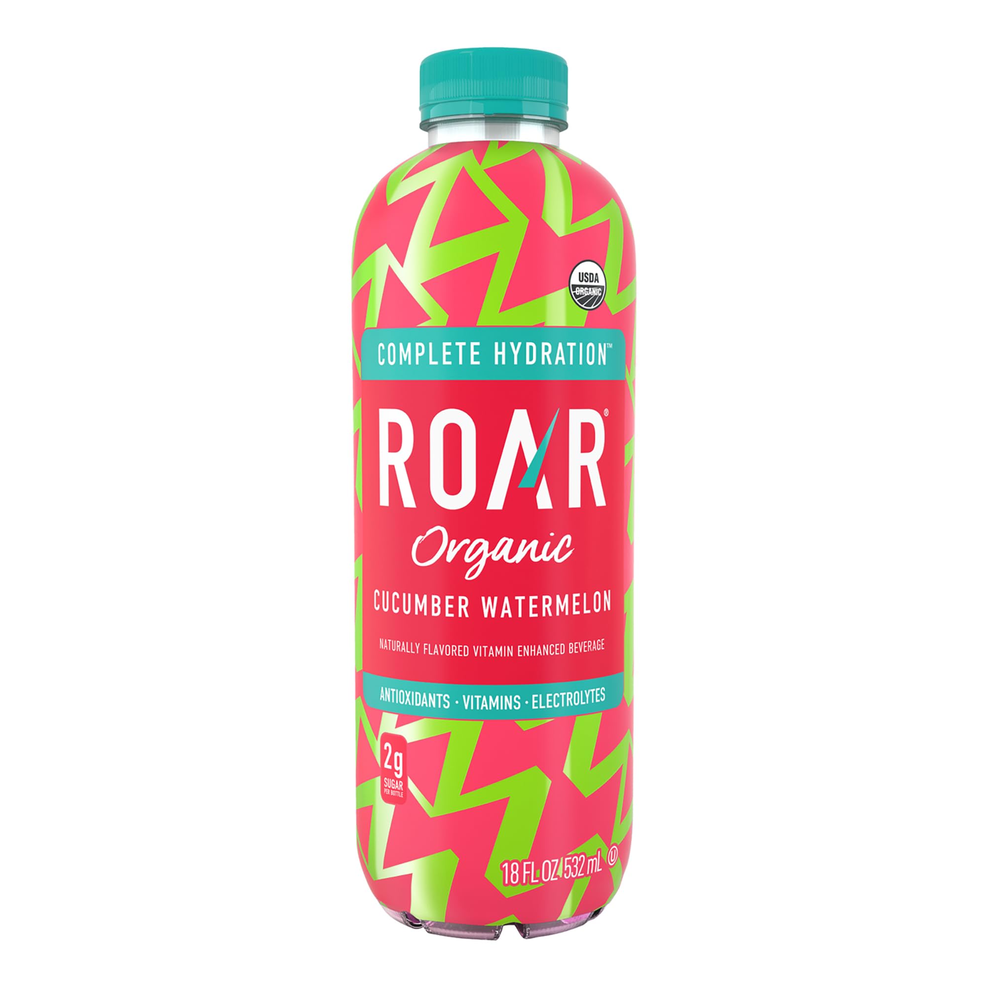 Roar close-up of bottle label and coconut-water texture highlighting organic ingredients and vitamin benefits